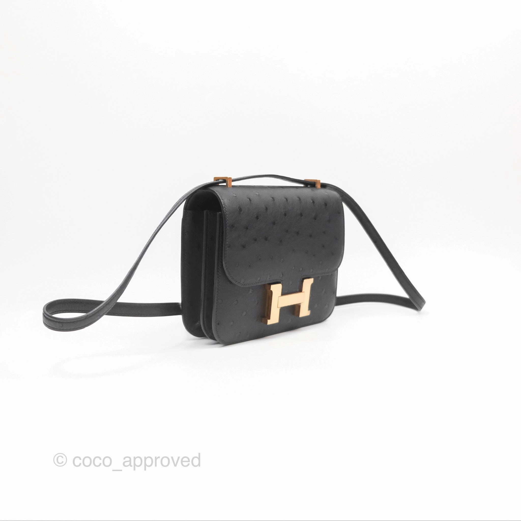 Herms Constance Mini 18cm Noir 89 Ostrich Rose Gold Hardware