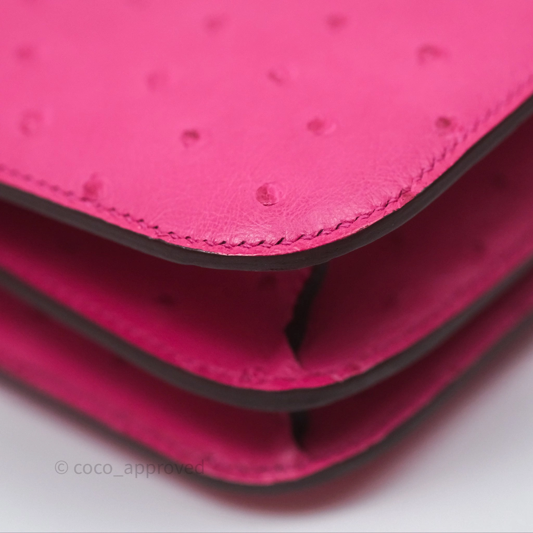 Herms Constance Mini 18cm Rose Tyrien E5 Ostrich Palladium Hardware