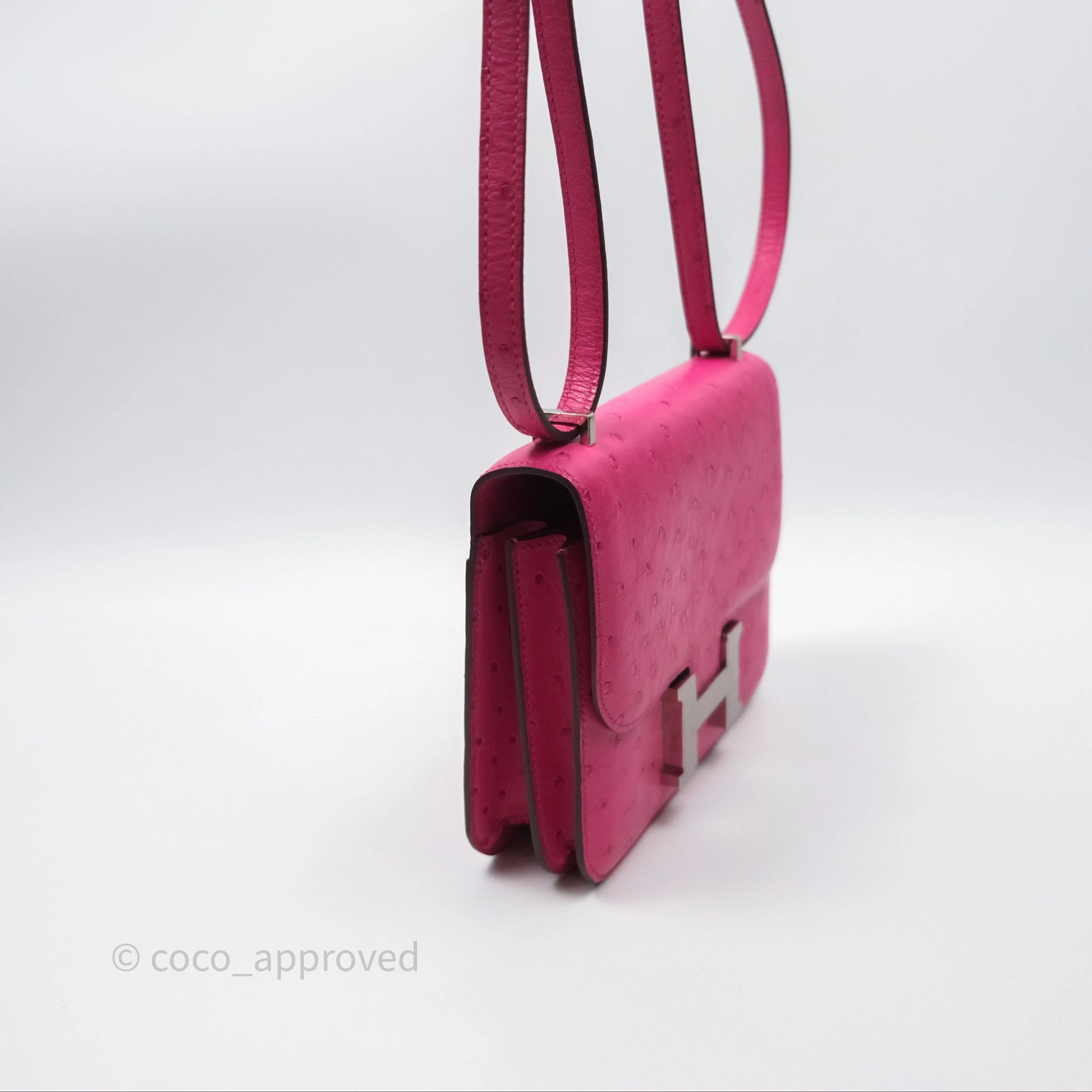 Herms Constance Mini 18cm Rose Tyrien E5 Ostrich Palladium Hardware