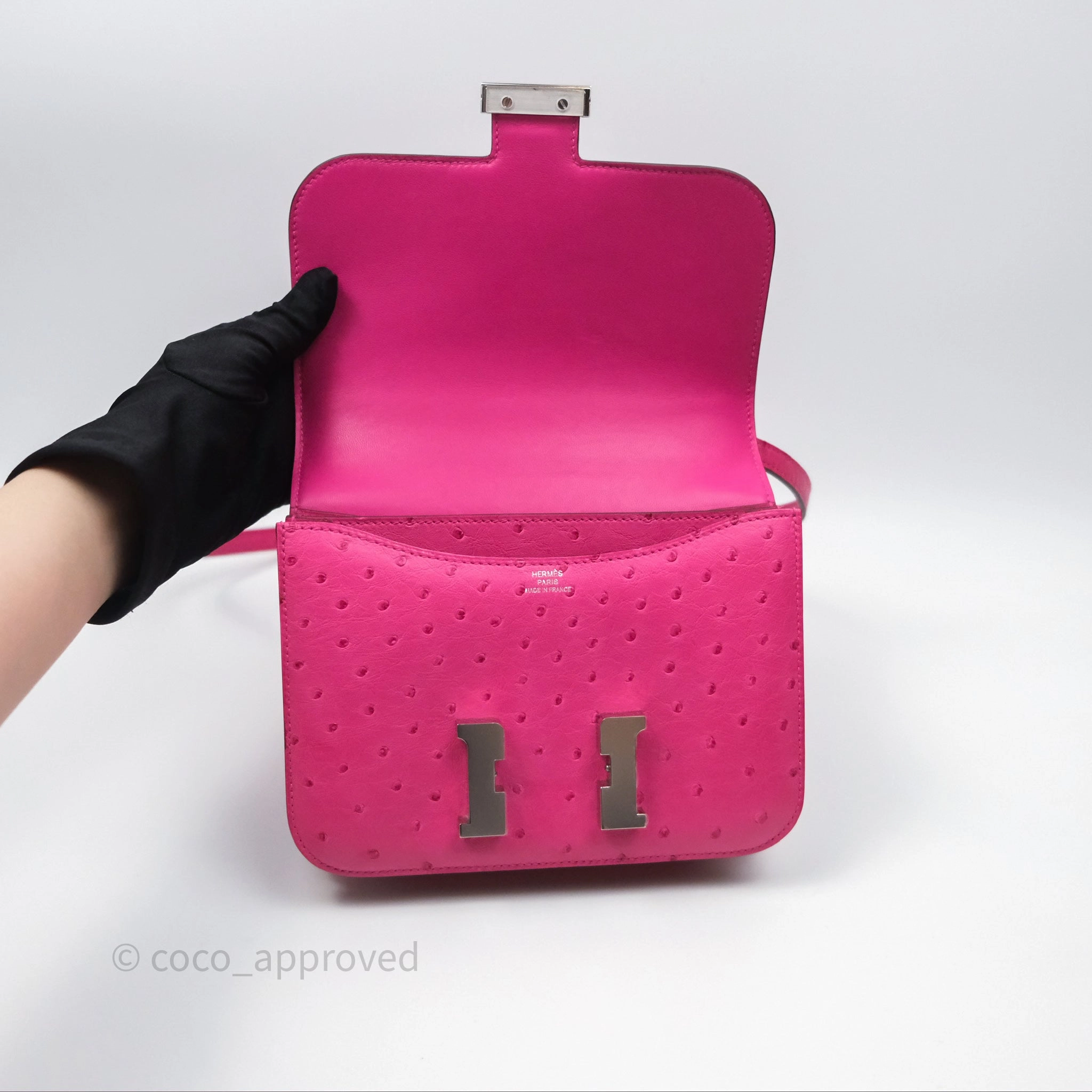 Herms Constance Mini 18cm Rose Tyrien E5 Ostrich Palladium Hardware