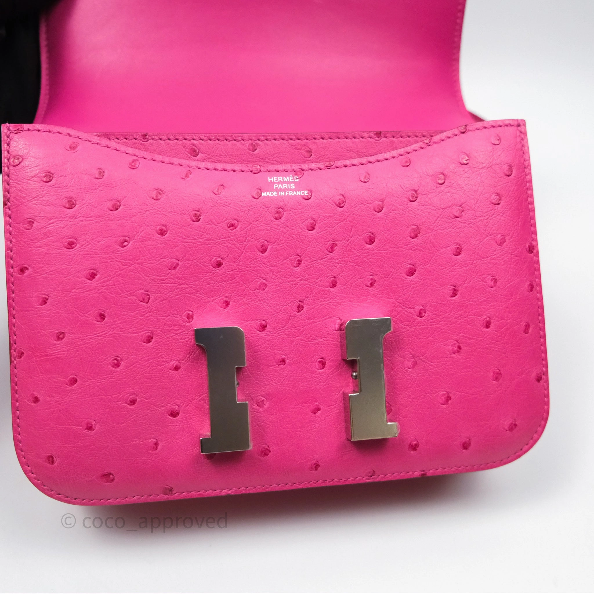 Herms Constance Mini 18cm Rose Tyrien E5 Ostrich Palladium Hardware