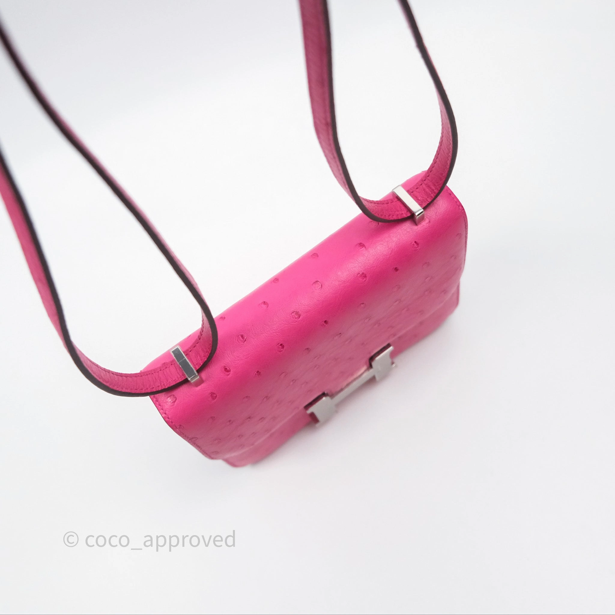 Herms Constance Mini 18cm Rose Tyrien E5 Ostrich Palladium Hardware