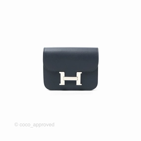 Herms Constance Slim Wallet Bleu Nuit 2Z Evercolor Palladium Hardware