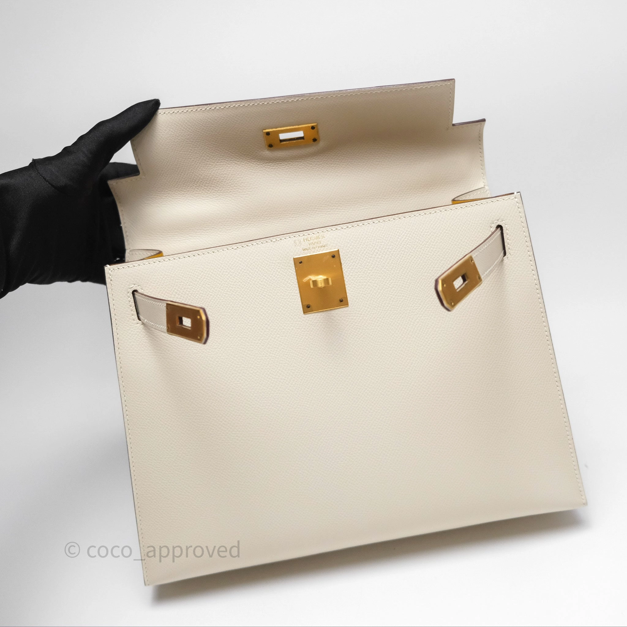 Herms HSS Sellier Kelly 28 Craie 10 / Amber 9D Epsom Brushed Gold Hardware