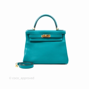 Herms Kelly 28 Retourne Bleu Paon 7F Clemence Gold Hardware