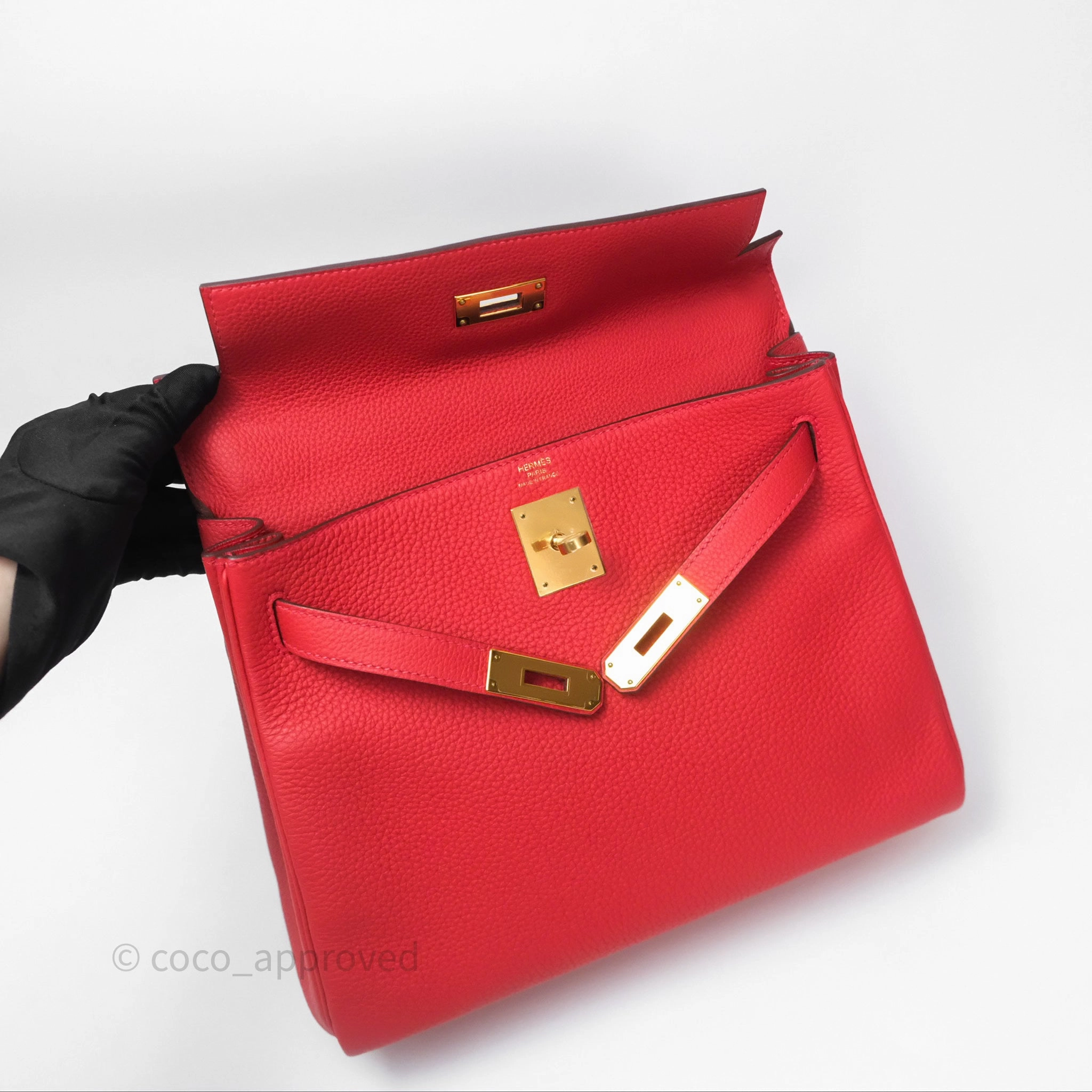 Herms Kelly 28 Retourne Geranium D5 Togo Gold Hardware