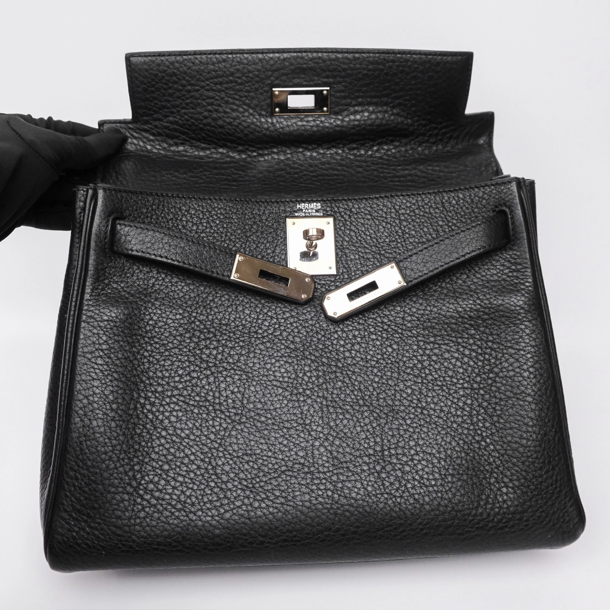 Herms Kelly 28 Retourne Noir Black 89 Clemence Palladium Hardware