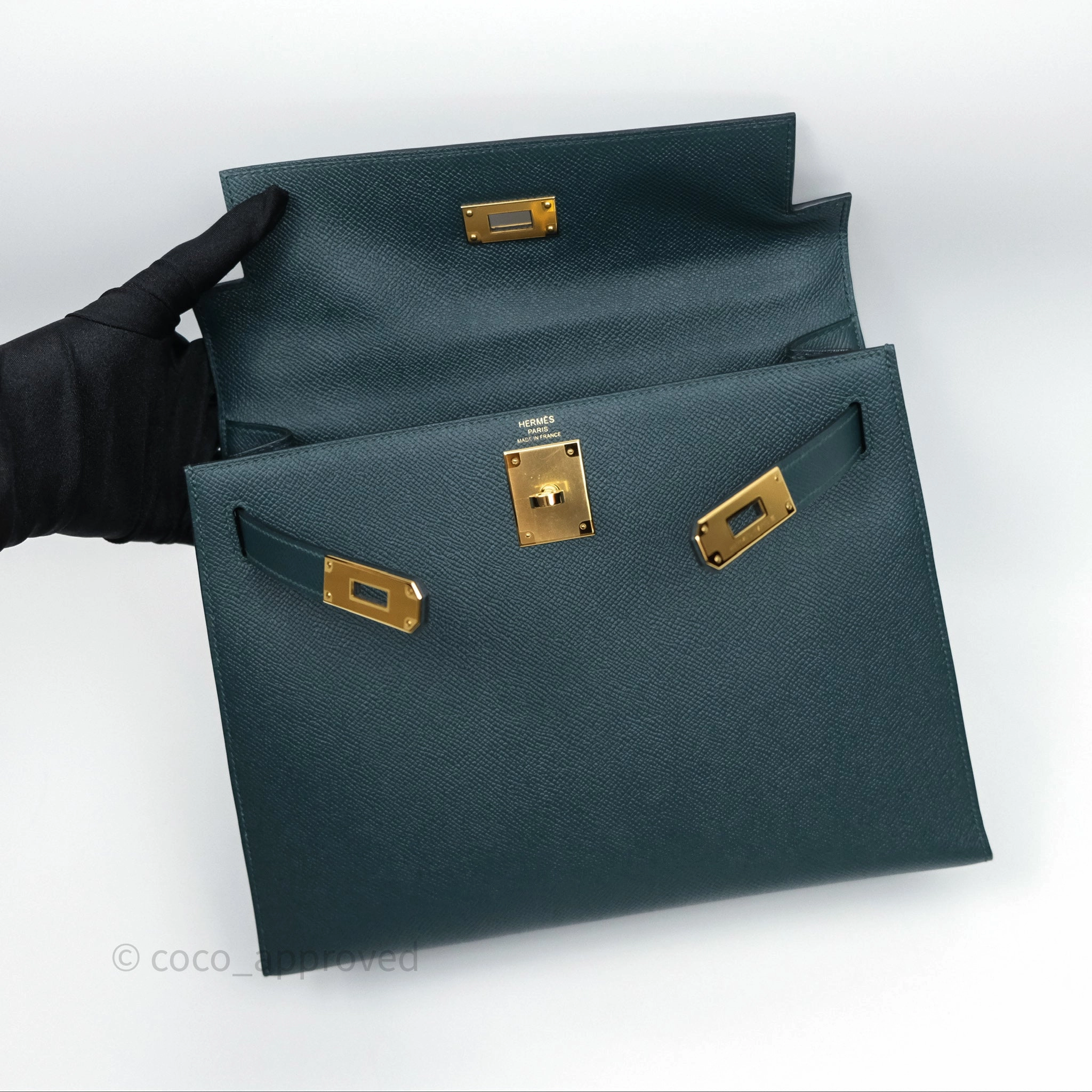 Herms Kelly 28 Sellier Vert Cypres 6O Epsom Gold Hardware