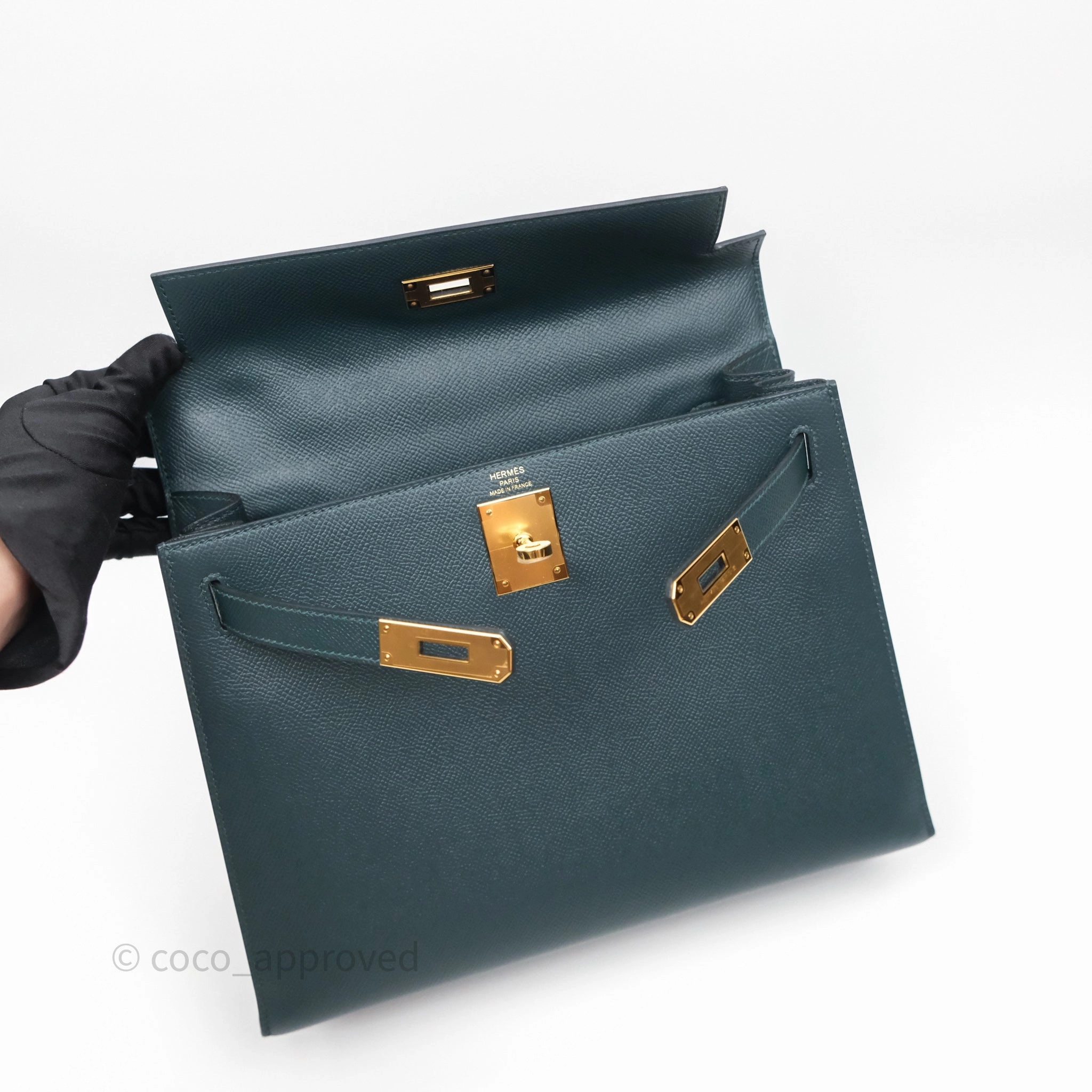 Herms Kelly 28 Sellier Vert Cypres 6O Epsom Gold Hardware