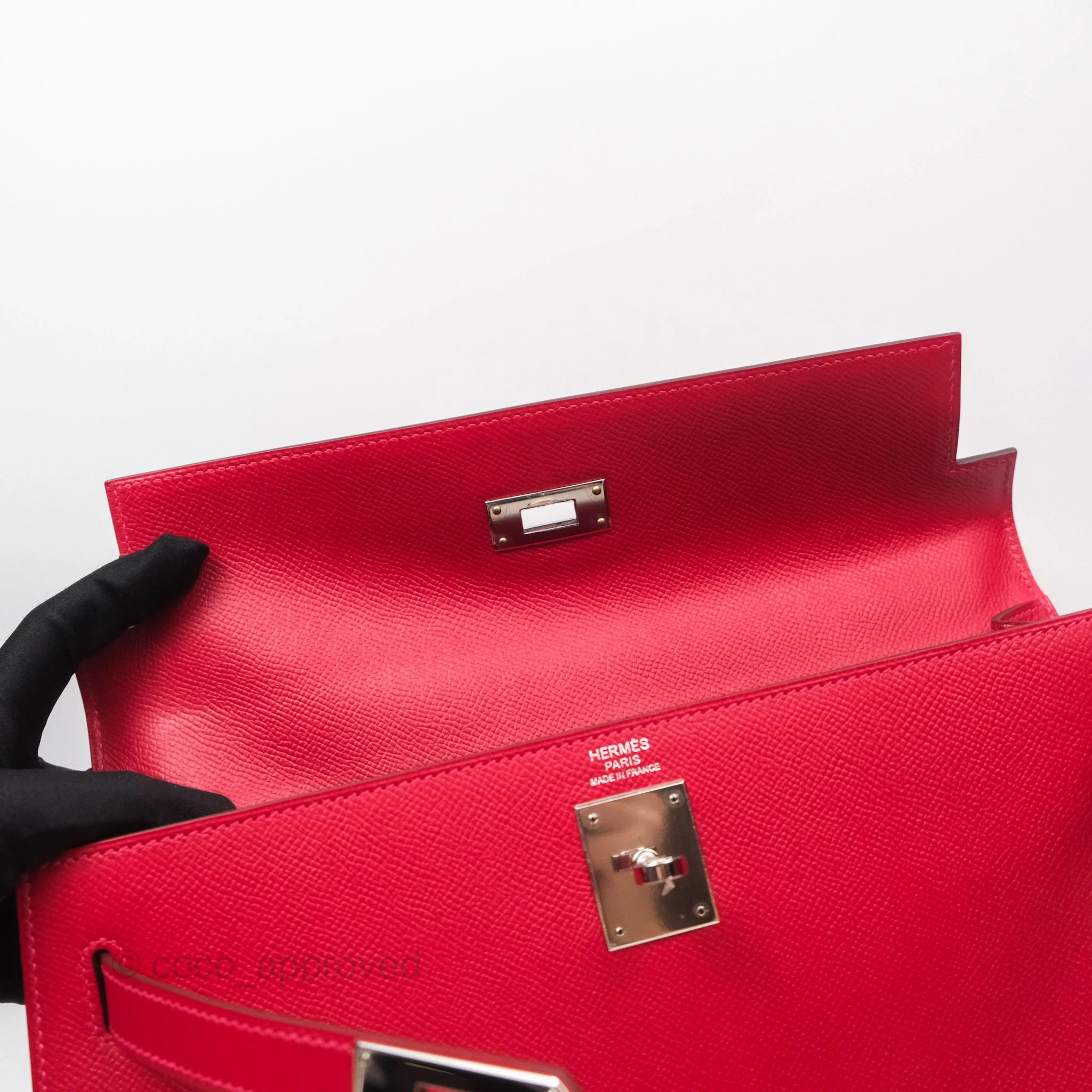 Herms Kelly 32 Sellier Rouge Casaque Q5 Epsom Palladium Hardware