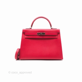Herms Kelly 32 Sellier Rouge Casaque Q5 Epsom Palladium Hardware