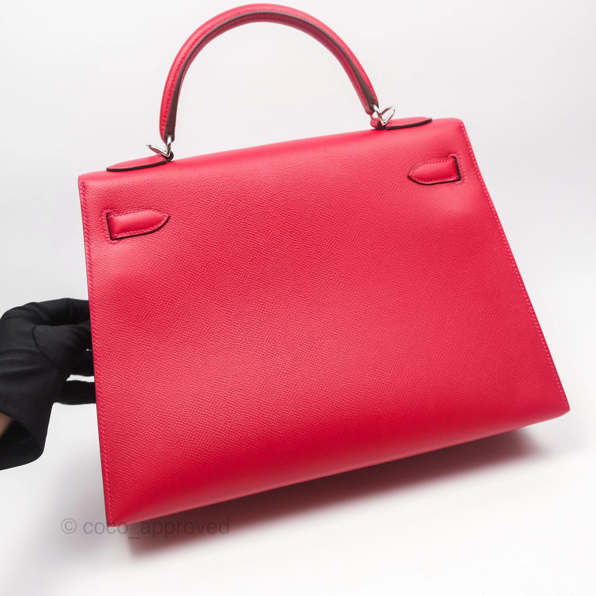 Herms Kelly 32 Sellier Rouge Casaque Q5 Epsom Palladium Hardware