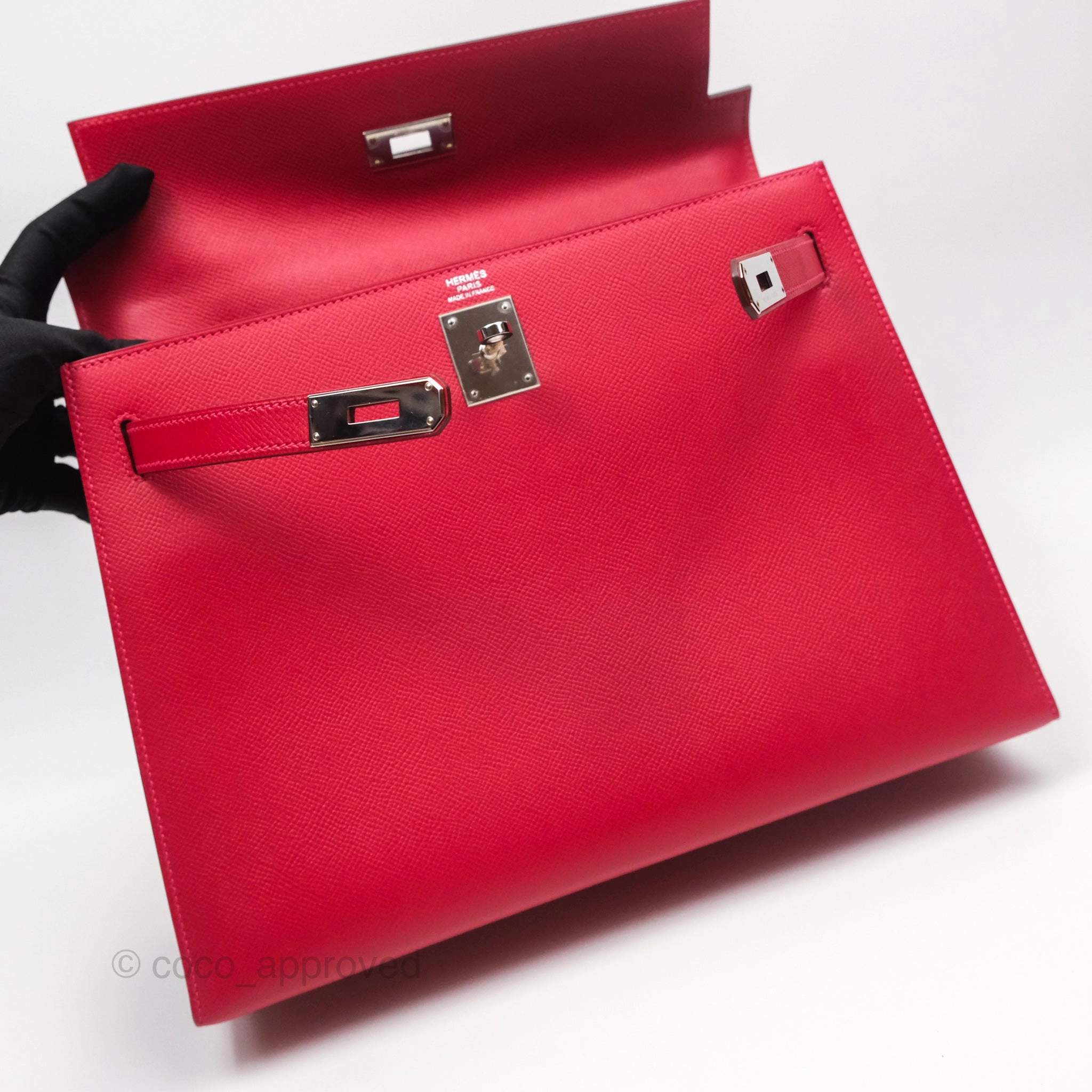 Herms Kelly 32 Sellier Rouge Casaque Q5 Epsom Palladium Hardware