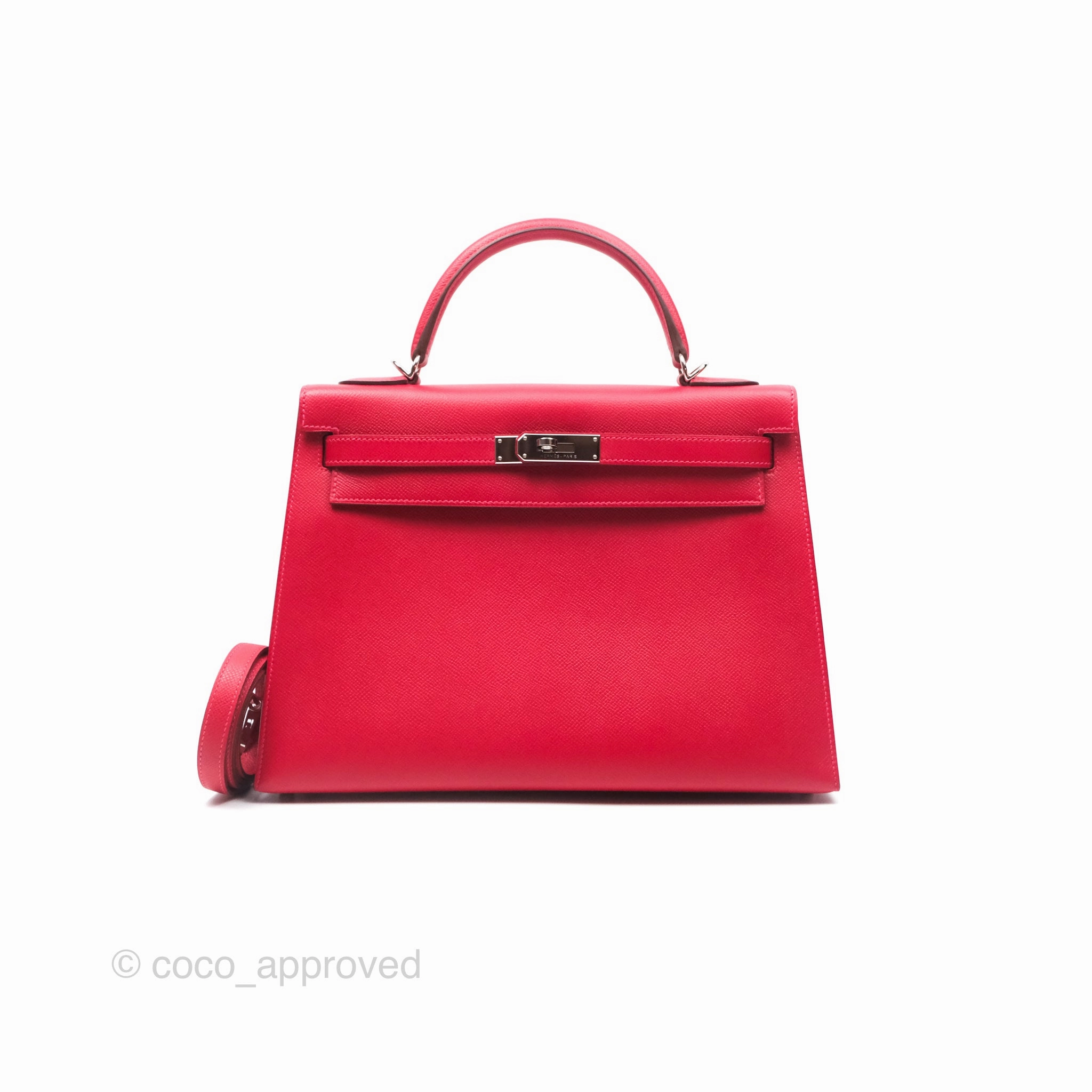 Herms Kelly 32 Sellier Rouge Casaque Q5 Epsom Palladium Hardware