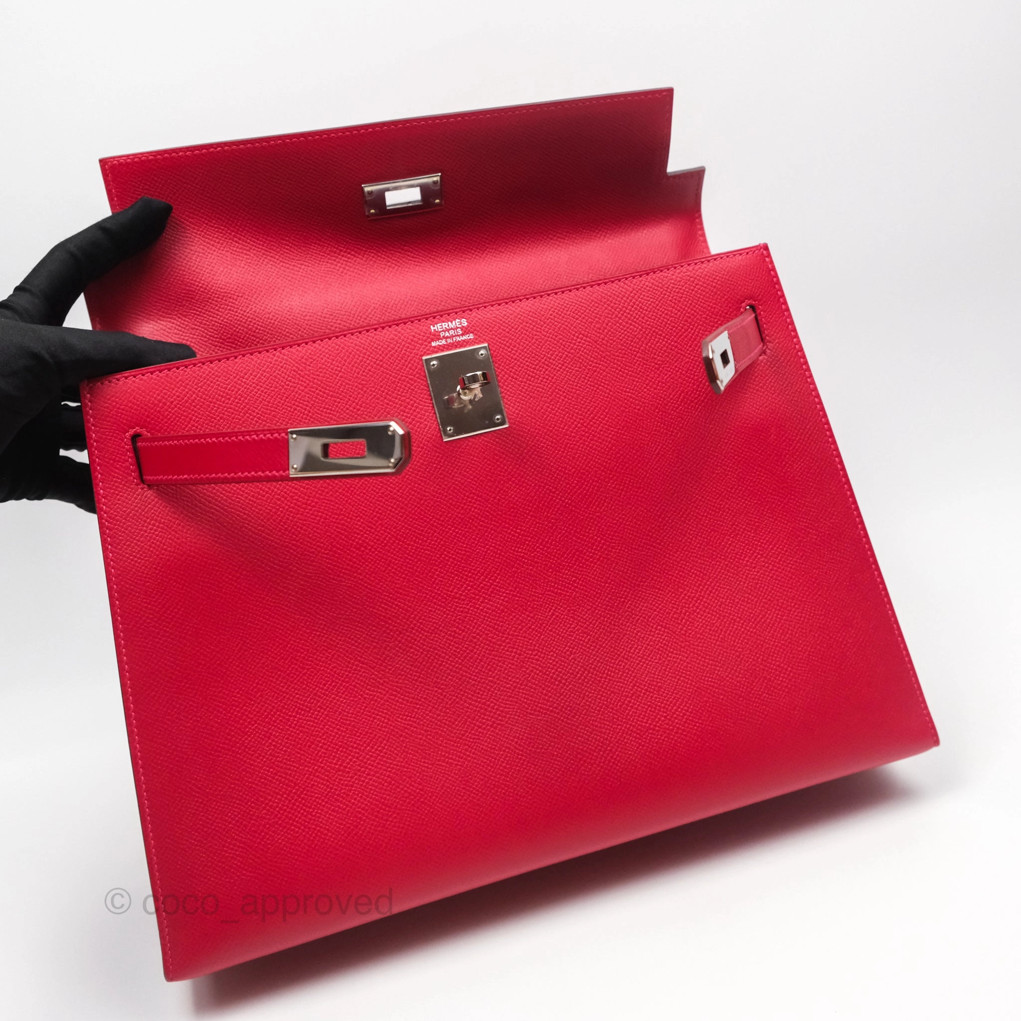Herms Kelly 32 Sellier Rouge Casaque Q5 Epsom Palladium Hardware