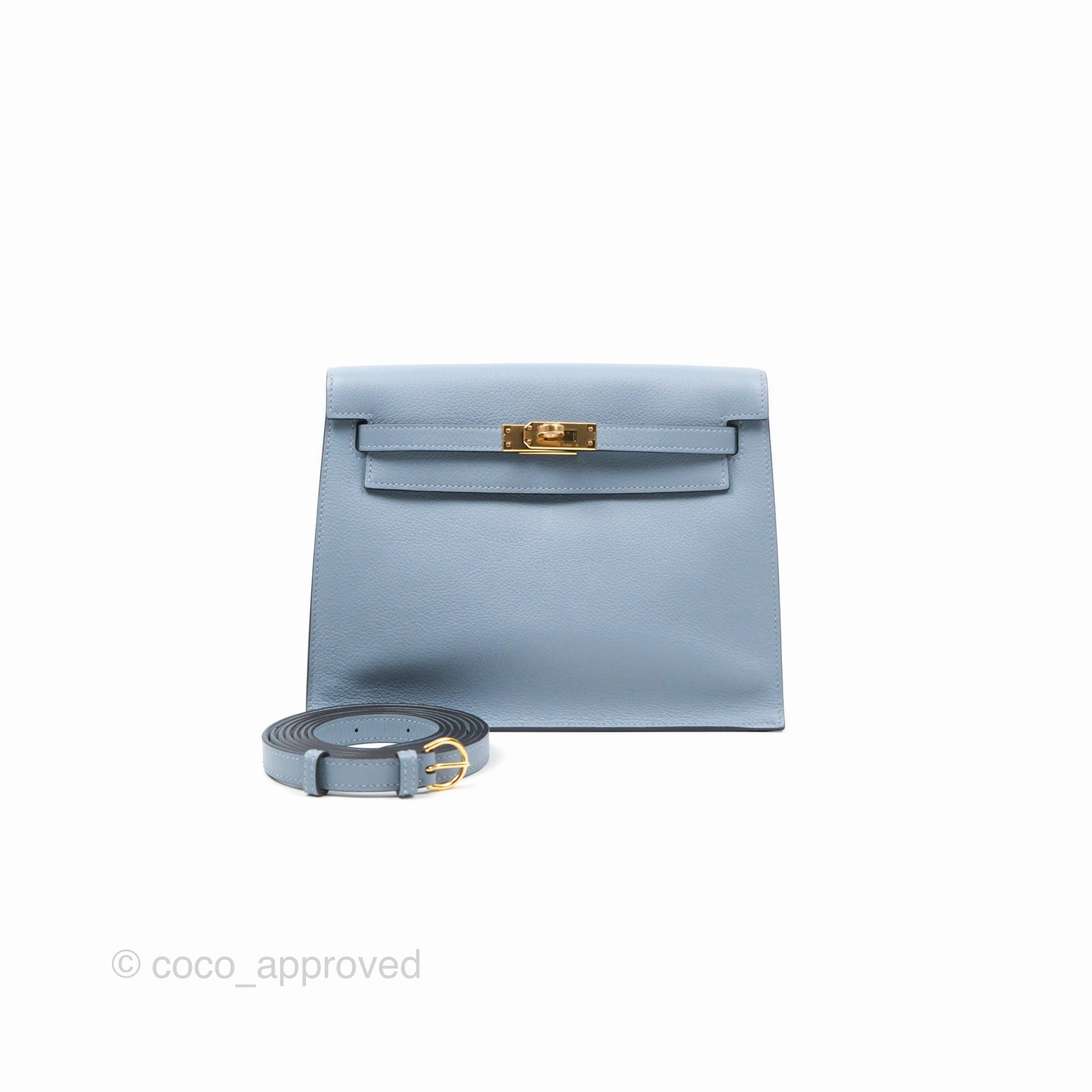Herms Kelly Danse II Bag Blue Lin J7 Evercolor Gold Hardware