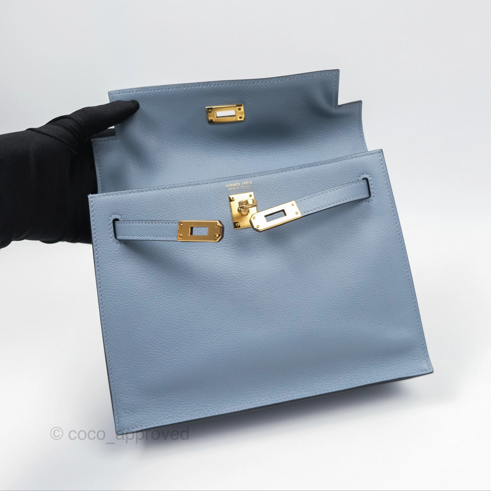 Herms Kelly Danse II Bag Blue Lin J7 Evercolor Gold Hardware