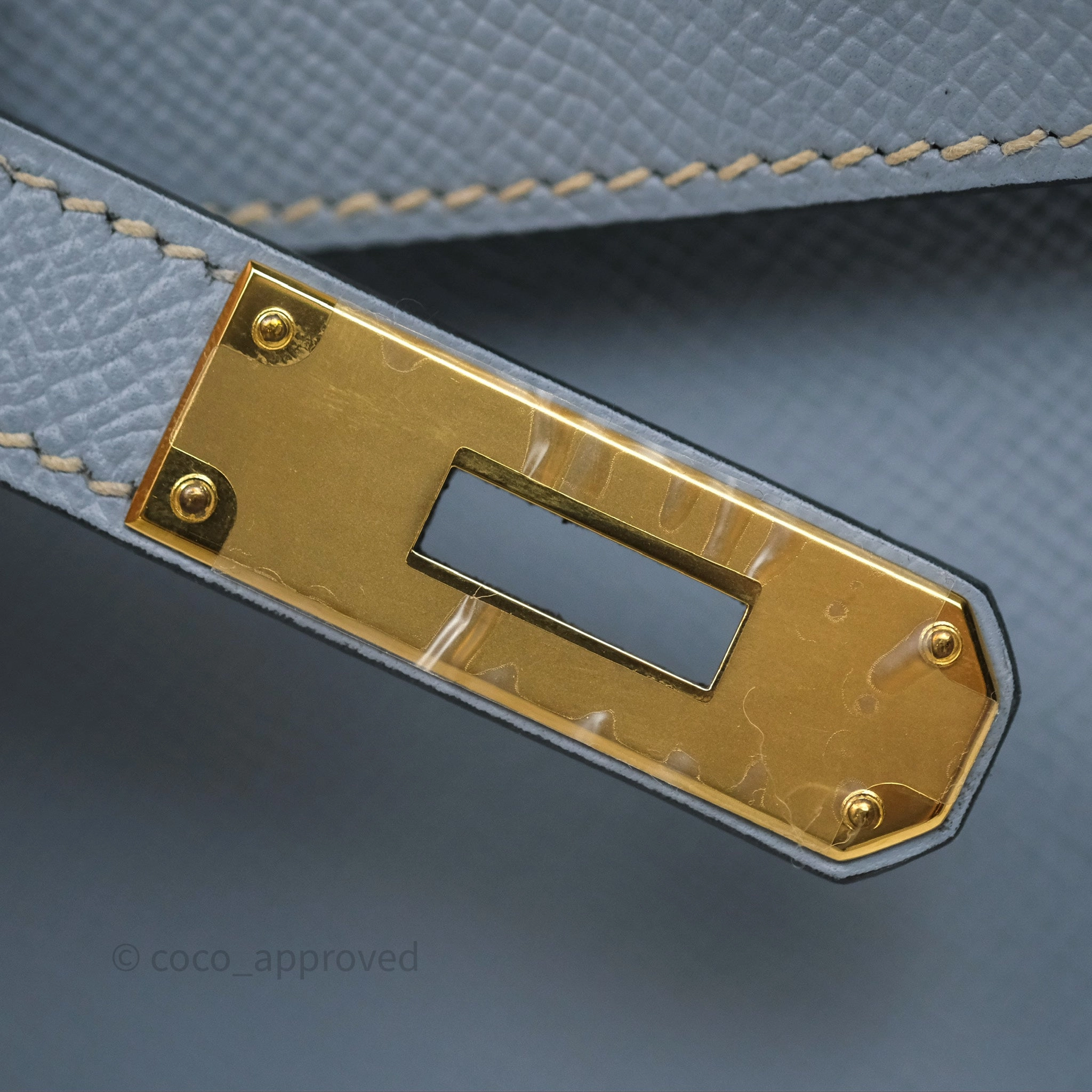 Herms Kelly II 28 Sellier Bleu Lin J7 Epsom Gold Hardware