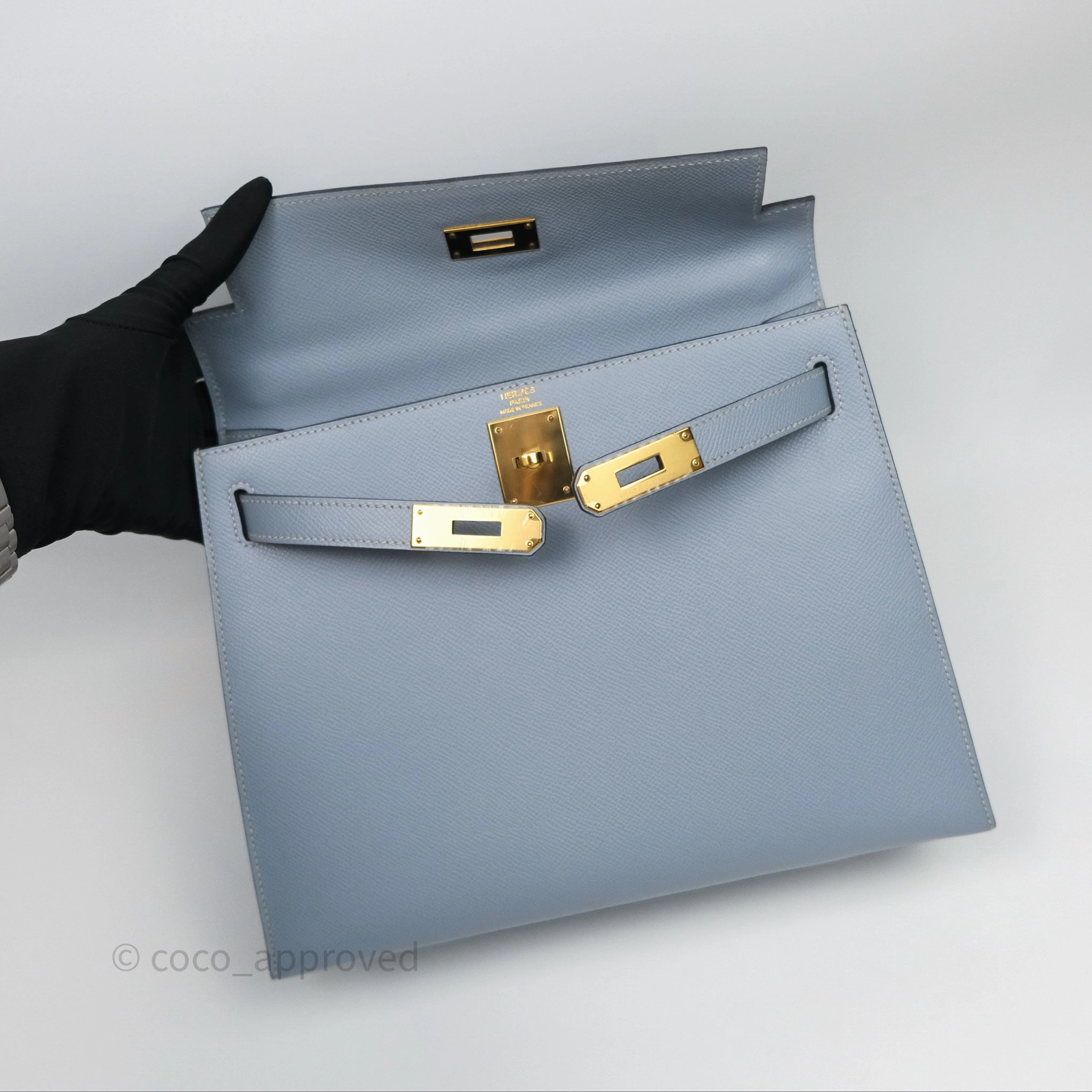 Herms Kelly II 28 Sellier Bleu Lin J7 Epsom Gold Hardware