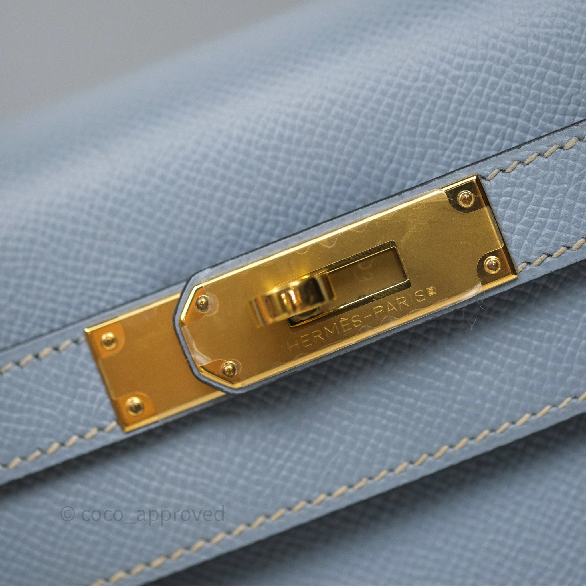 Herms Kelly II 28 Sellier Bleu Lin J7 Epsom Gold Hardware