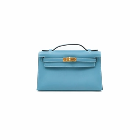 Herms Kelly Mini Pochette Bleu Jean Swift Gold Hardware