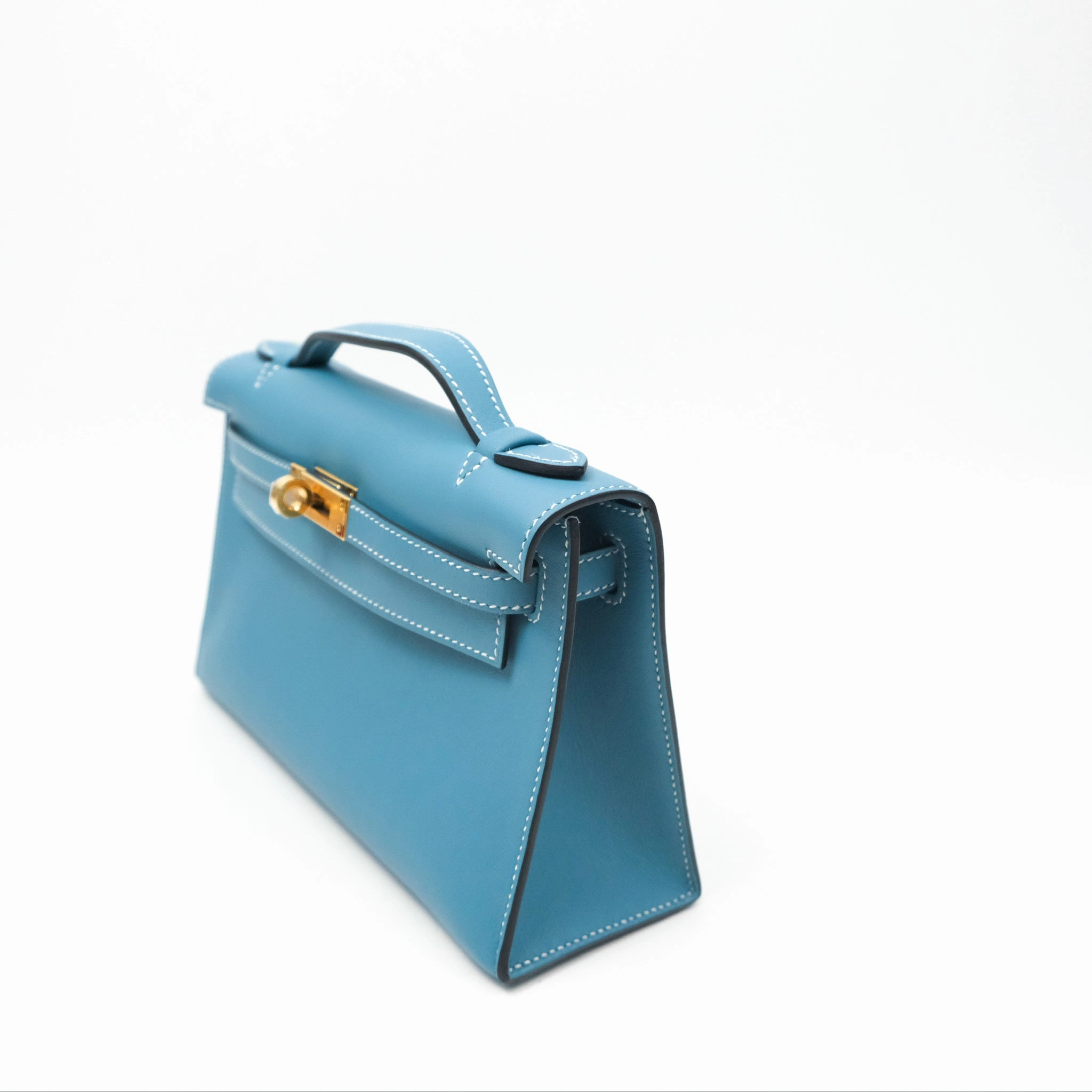 Herms Kelly Mini Pochette Bleu Jean Swift Gold Hardware