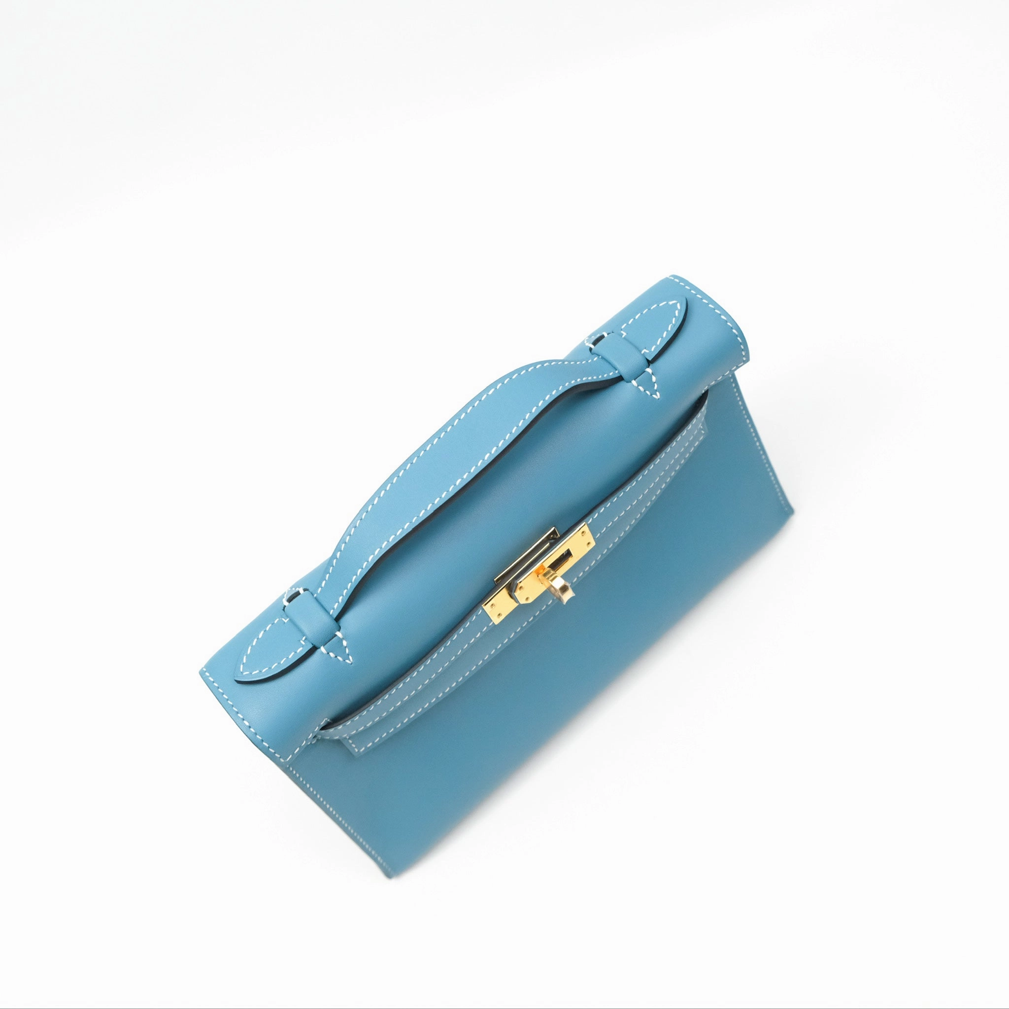 Herms Kelly Mini Pochette Bleu Jean Swift Gold Hardware