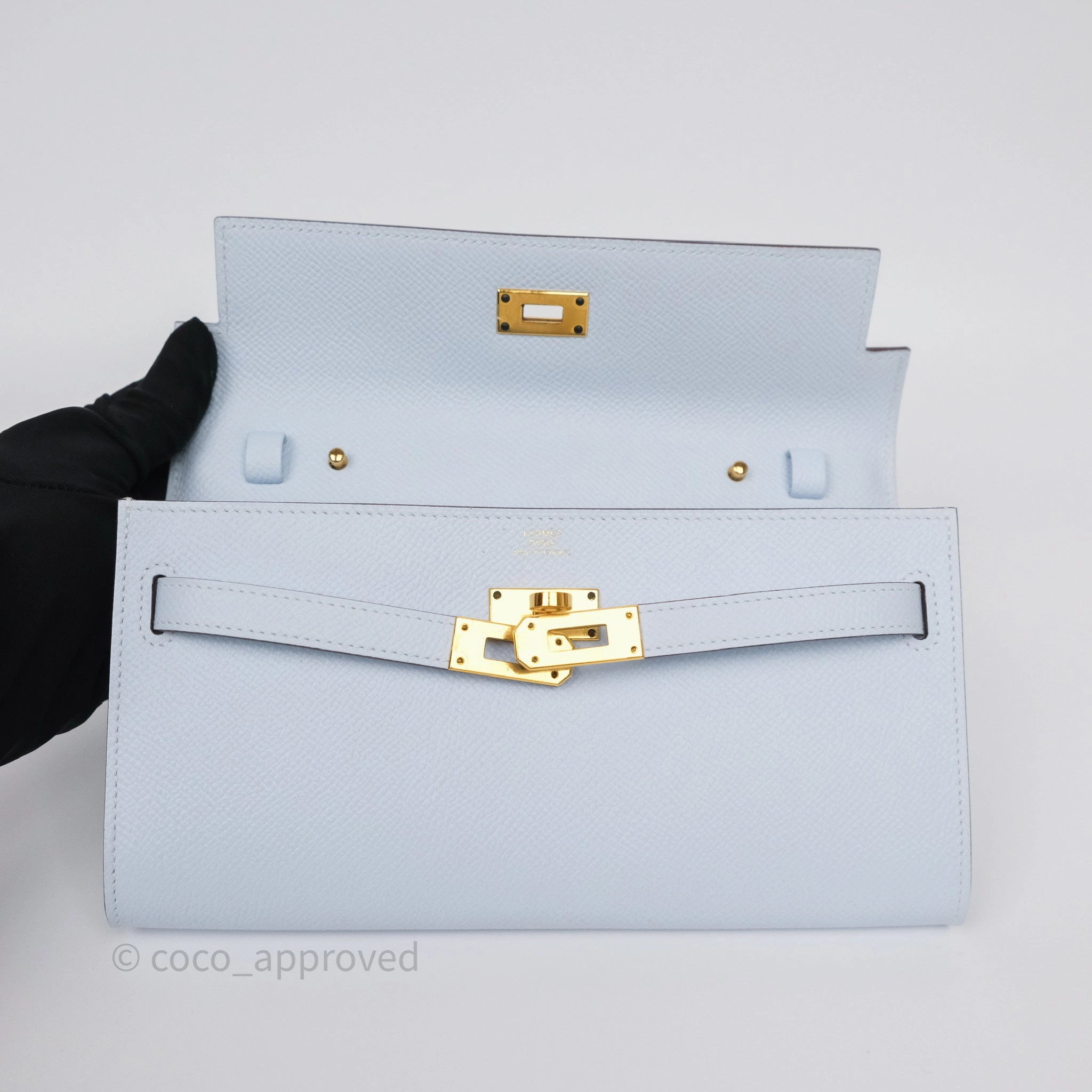 Herms Kelly To Go Wallet Bleu Brume T0 Epsom Gold Hardware