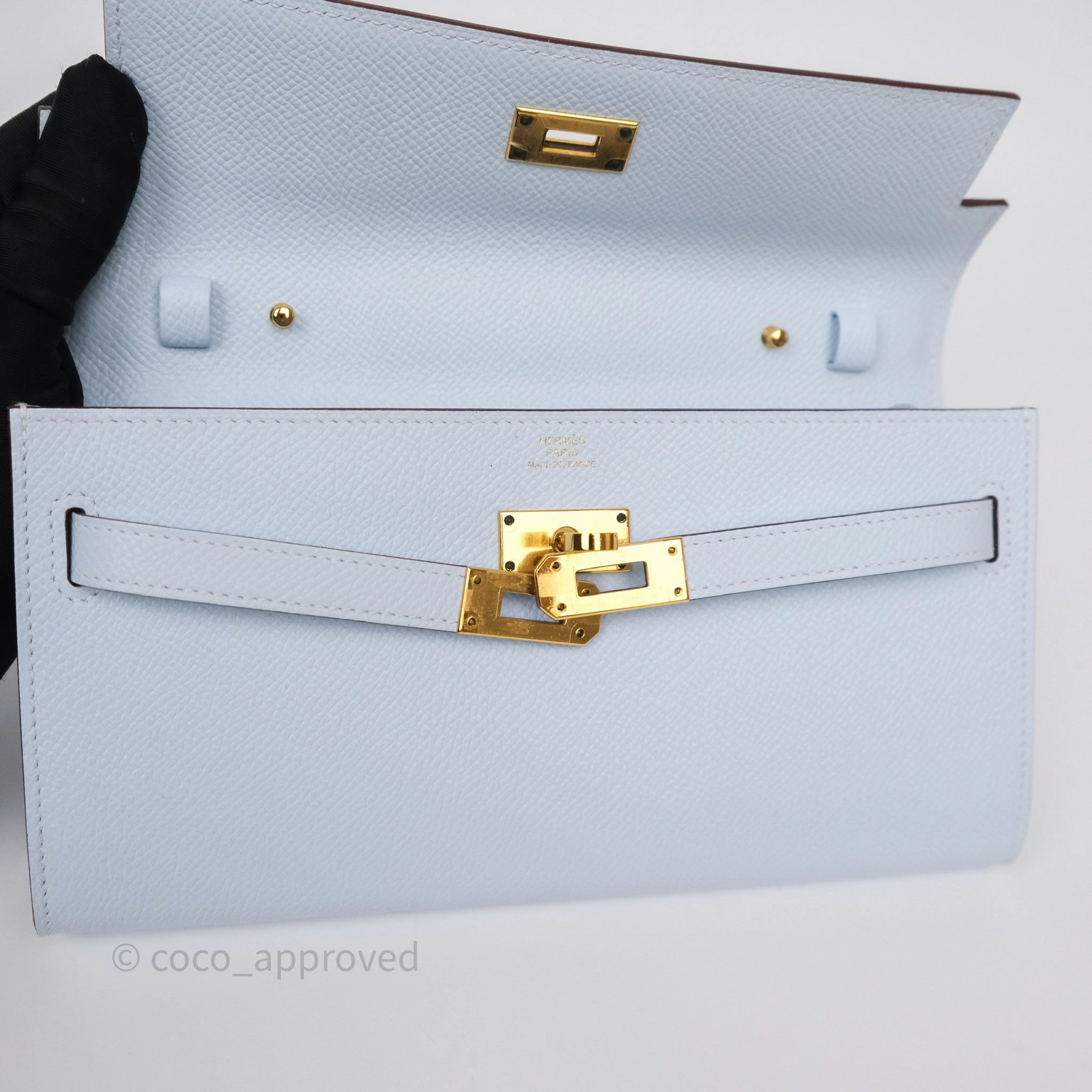Herms Kelly To Go Wallet Bleu Brume T0 Epsom Gold Hardware
