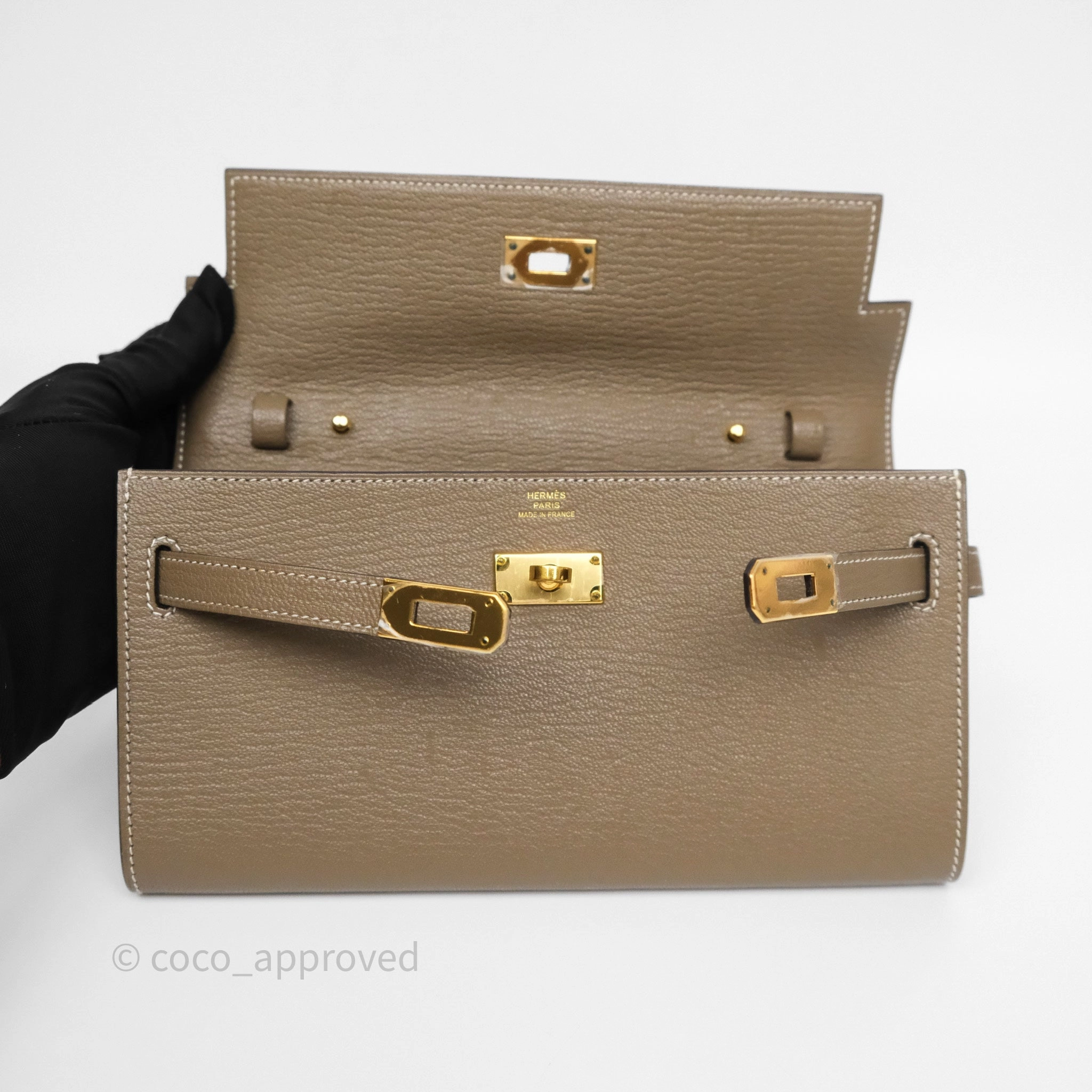 Herms Kelly To Go Wallet Etoupe 18 Chevre Mysore Gold Hardware