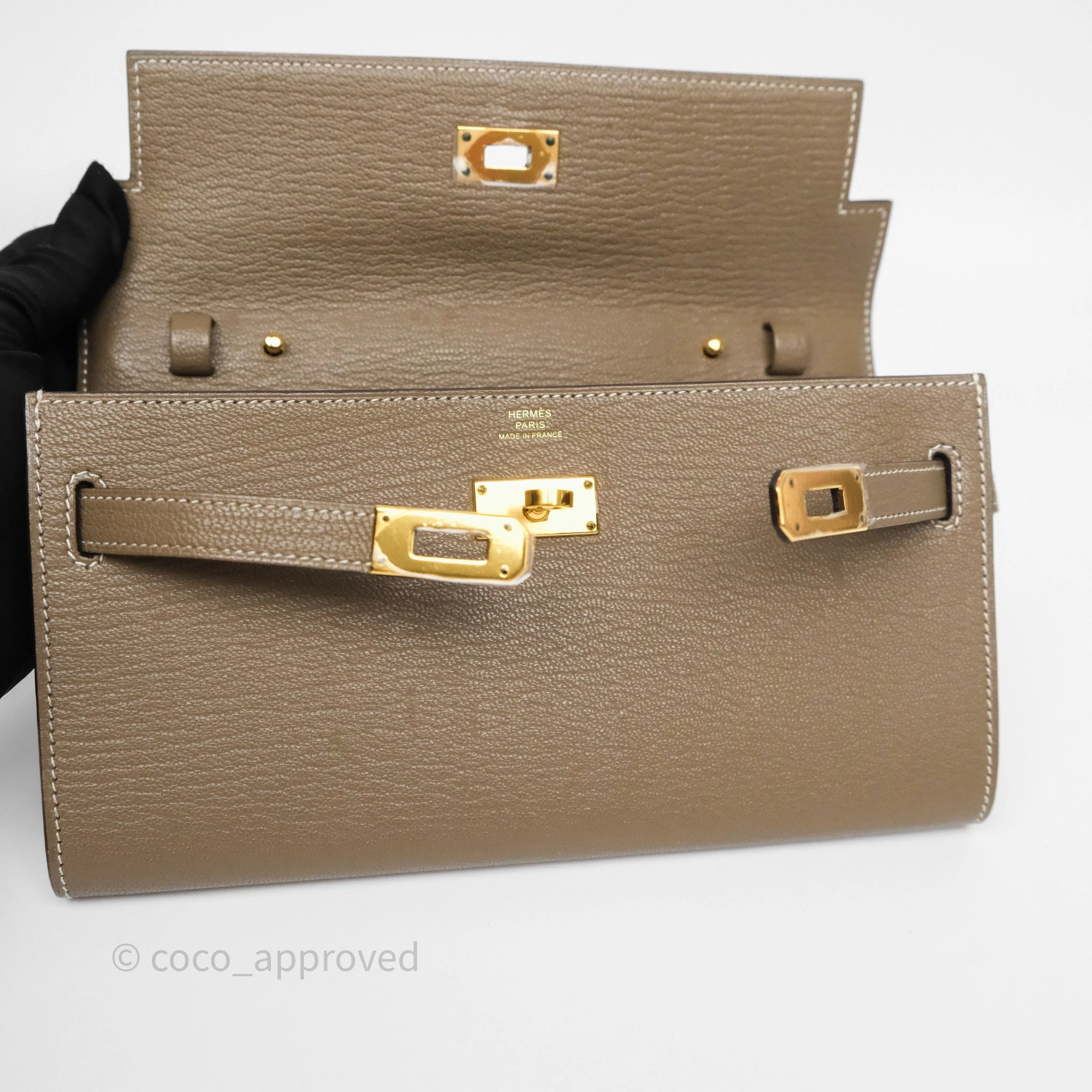 Herms Kelly To Go Wallet Etoupe 18 Chevre Mysore Gold Hardware