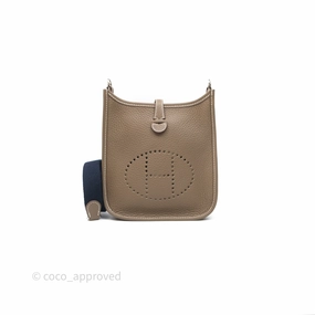 Herms Mini Evelyne 16 Etoupe 18 Clemence Palladium Hardware with Bleu Indigo Strap