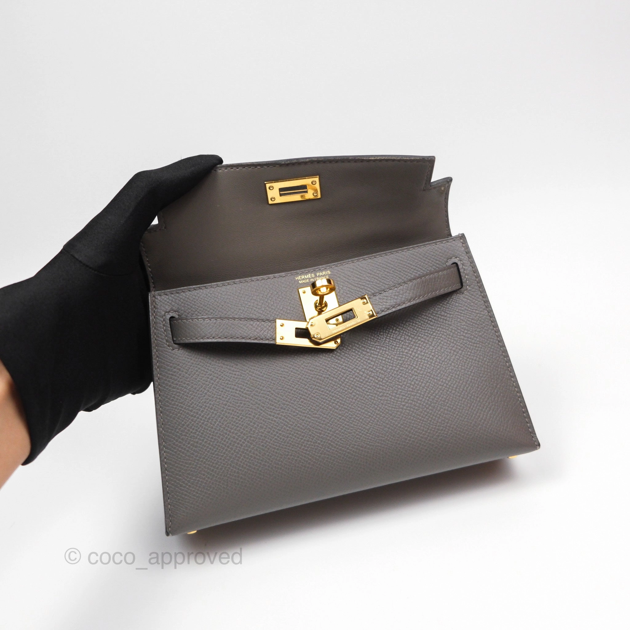 Herms Mini Kelly II Gris Meyer 0L Epsom Gold Hardware