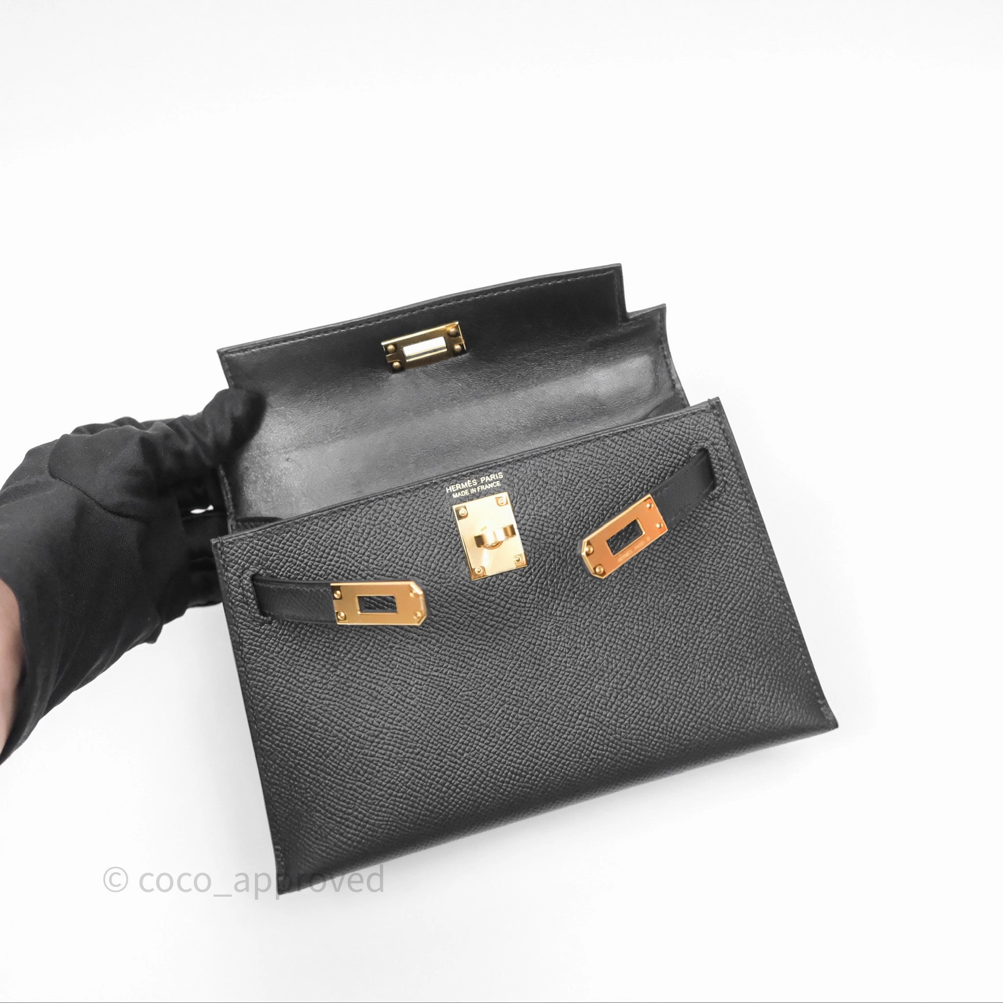 Herms Mini Kelly II Noir 89 Epsom Gold Hardware