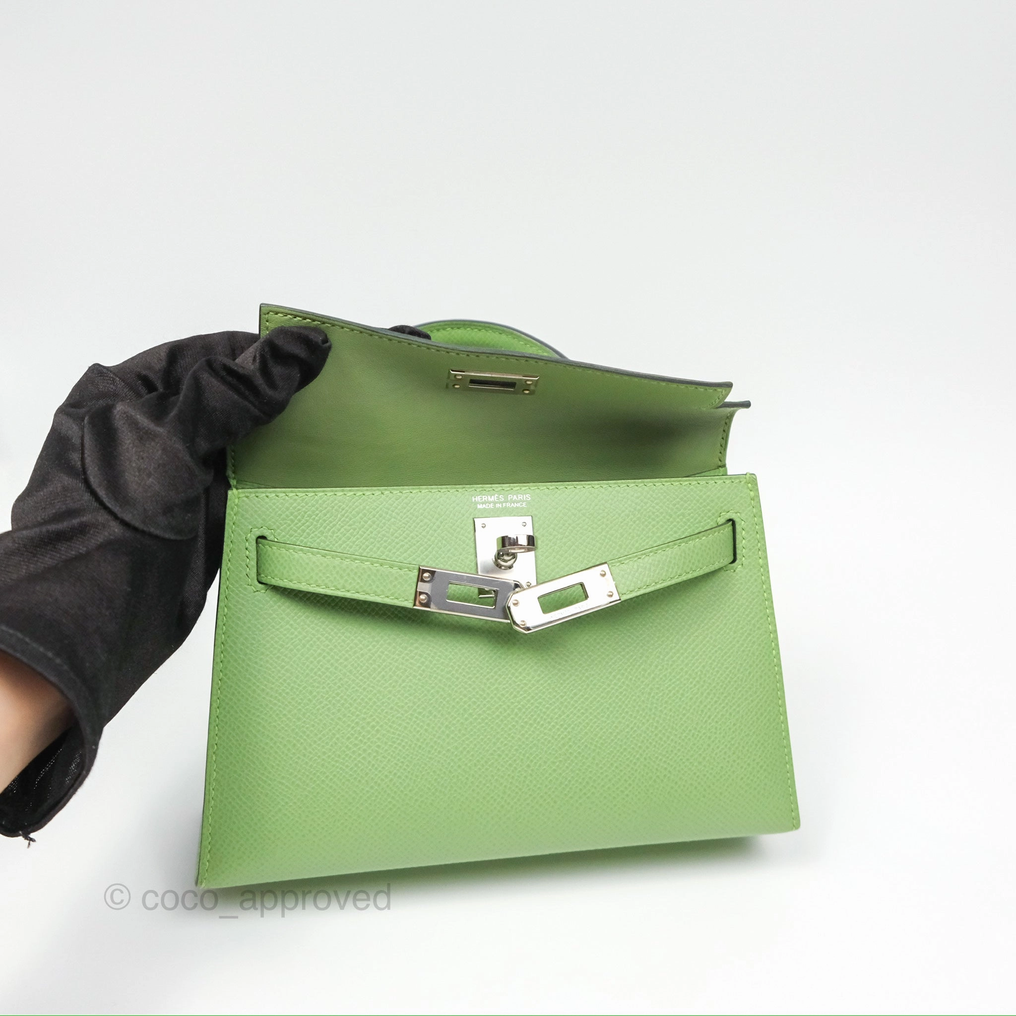Herms Mini Kelly II Vert Criquet Epsom Palladium Hardware