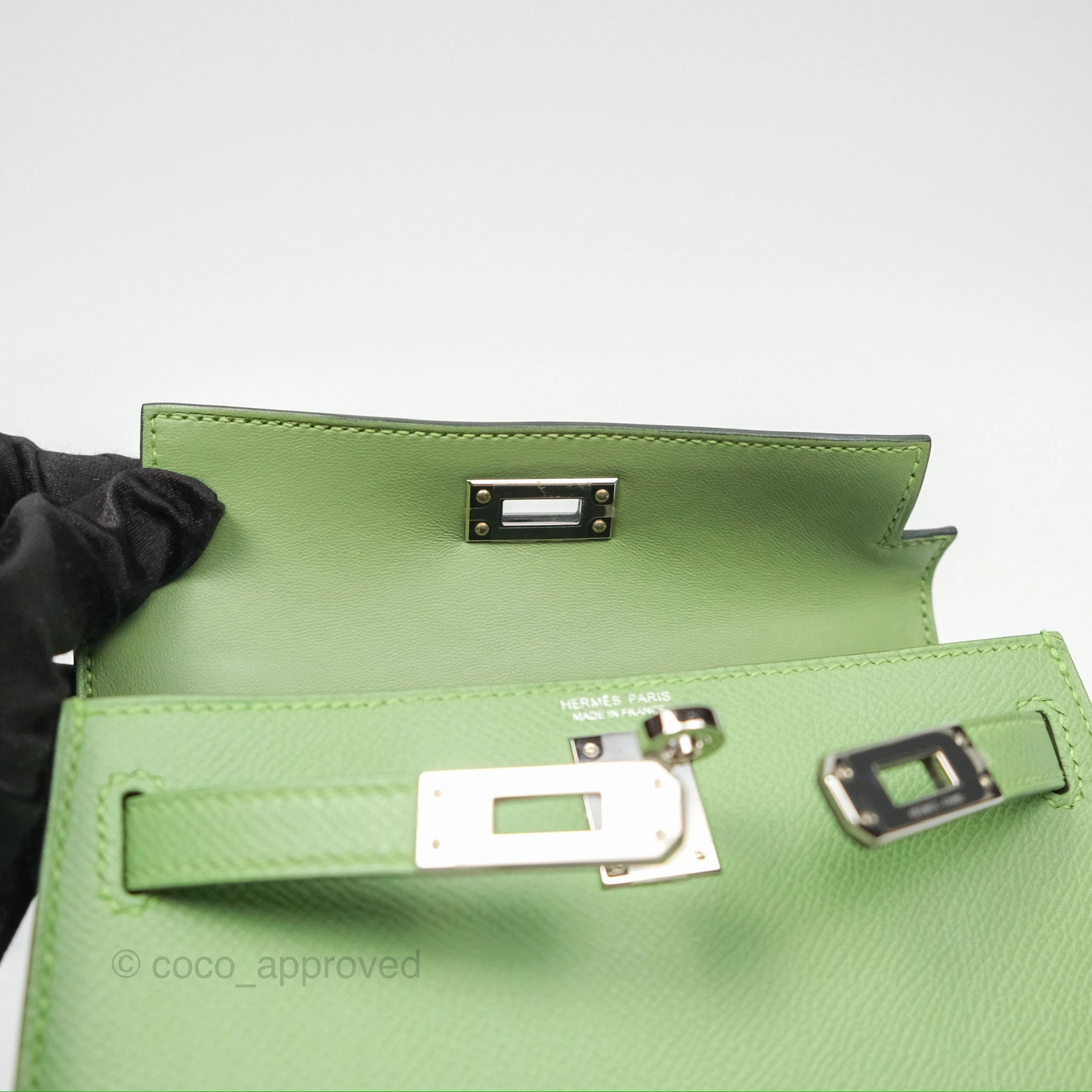Herms Mini Kelly II Vert Criquet Epsom Palladium Hardware