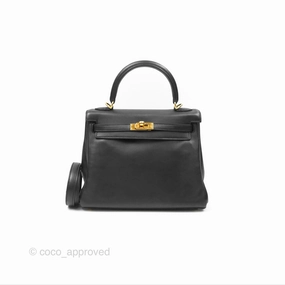 Herms Retourne Kelly 25 Black Noir 89 Swift Gold Hardware