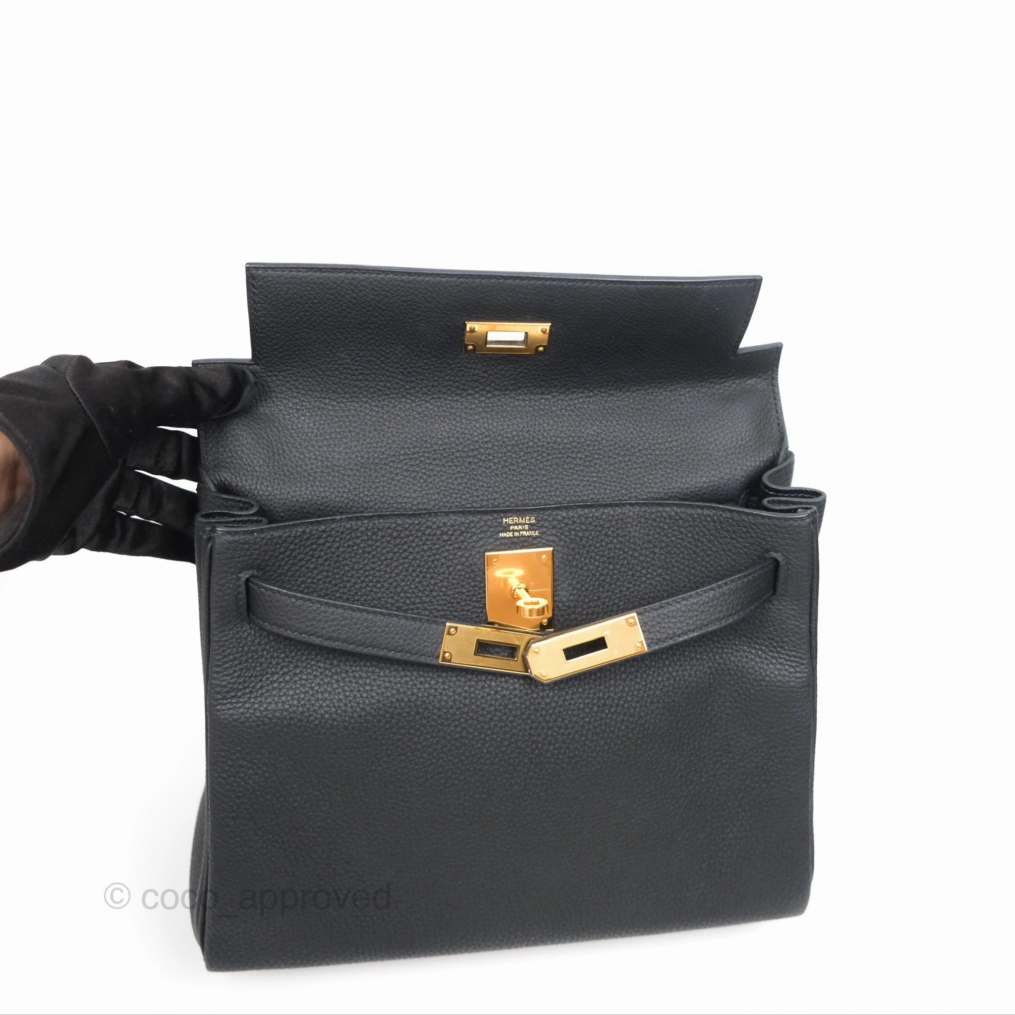 Herms Retourne Kelly 28 Black Noir 89 Togo Gold Hardware