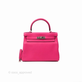 Herms Retourne Kelly 28 Rose Shocking Clemence Palladium Hardware