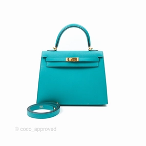 Herms Sellier Kelly 25 Bleu Paon 7F Epsom Gold Hardware