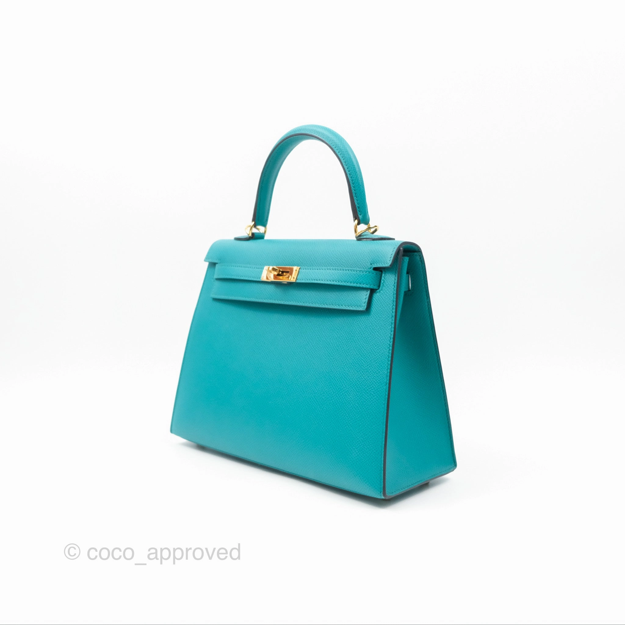 Herms Sellier Kelly 25 Bleu Paon 7F Epsom Gold Hardware