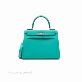 Herms Sellier Kelly 25 Madame Leather Vert Verone U1/ Bleu De Prusse 7P Palladium Hardware