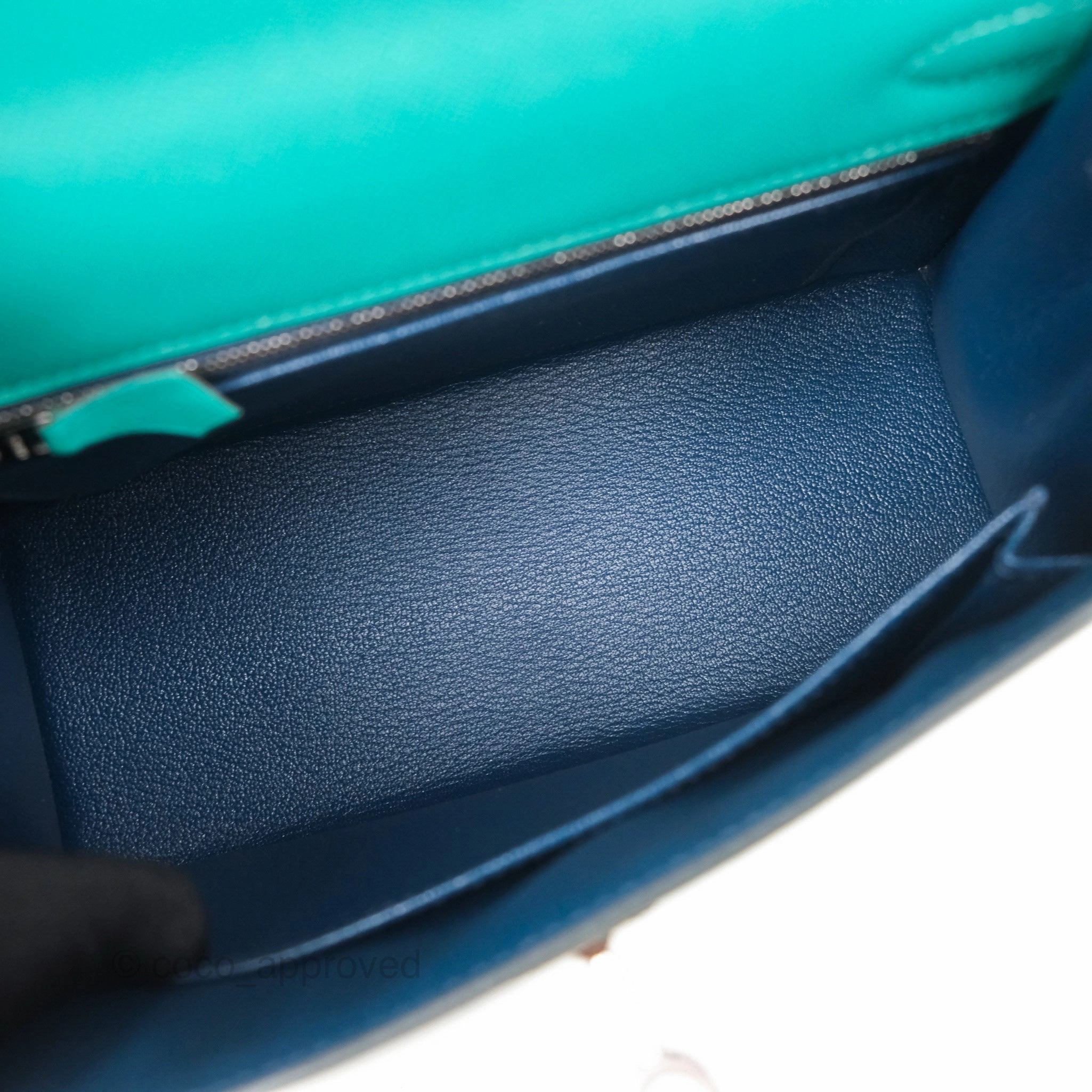 Herms Sellier Kelly 25 Madame Leather Vert Verone U1/ Bleu De Prusse 7P Palladium Hardware