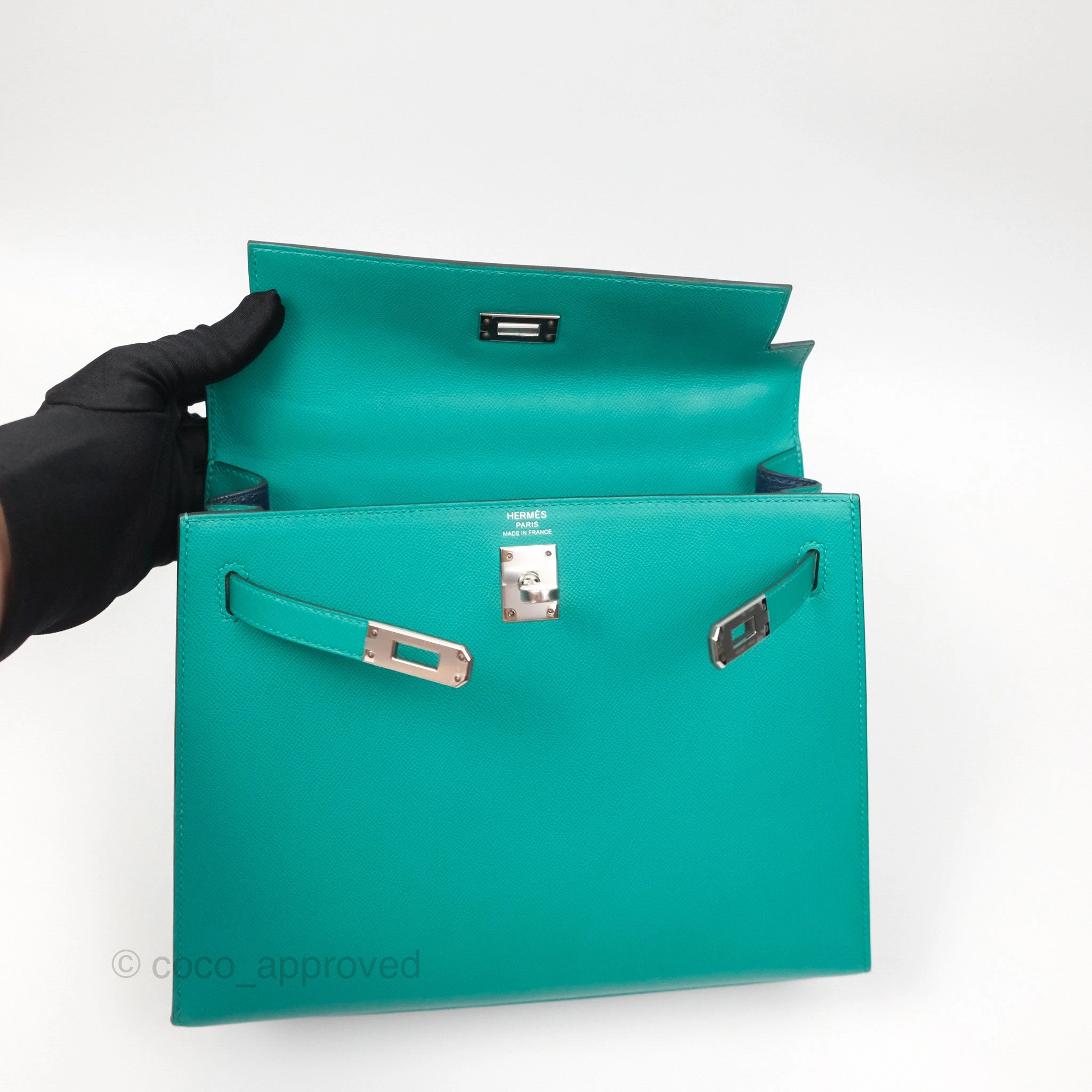 Herms Sellier Kelly 25 Madame Leather Vert Verone U1/ Bleu De Prusse 7P Palladium Hardware