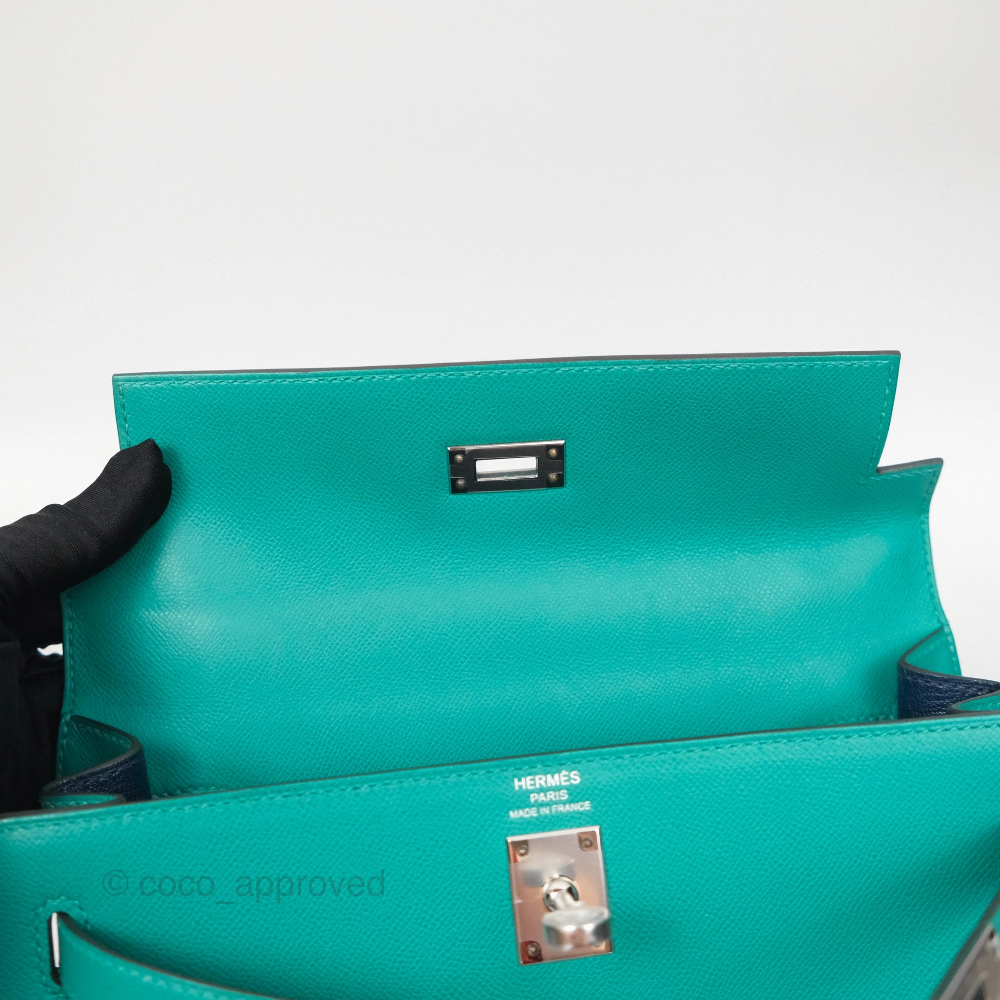 Herms Sellier Kelly 25 Madame Leather Vert Verone U1/ Bleu De Prusse 7P Palladium Hardware