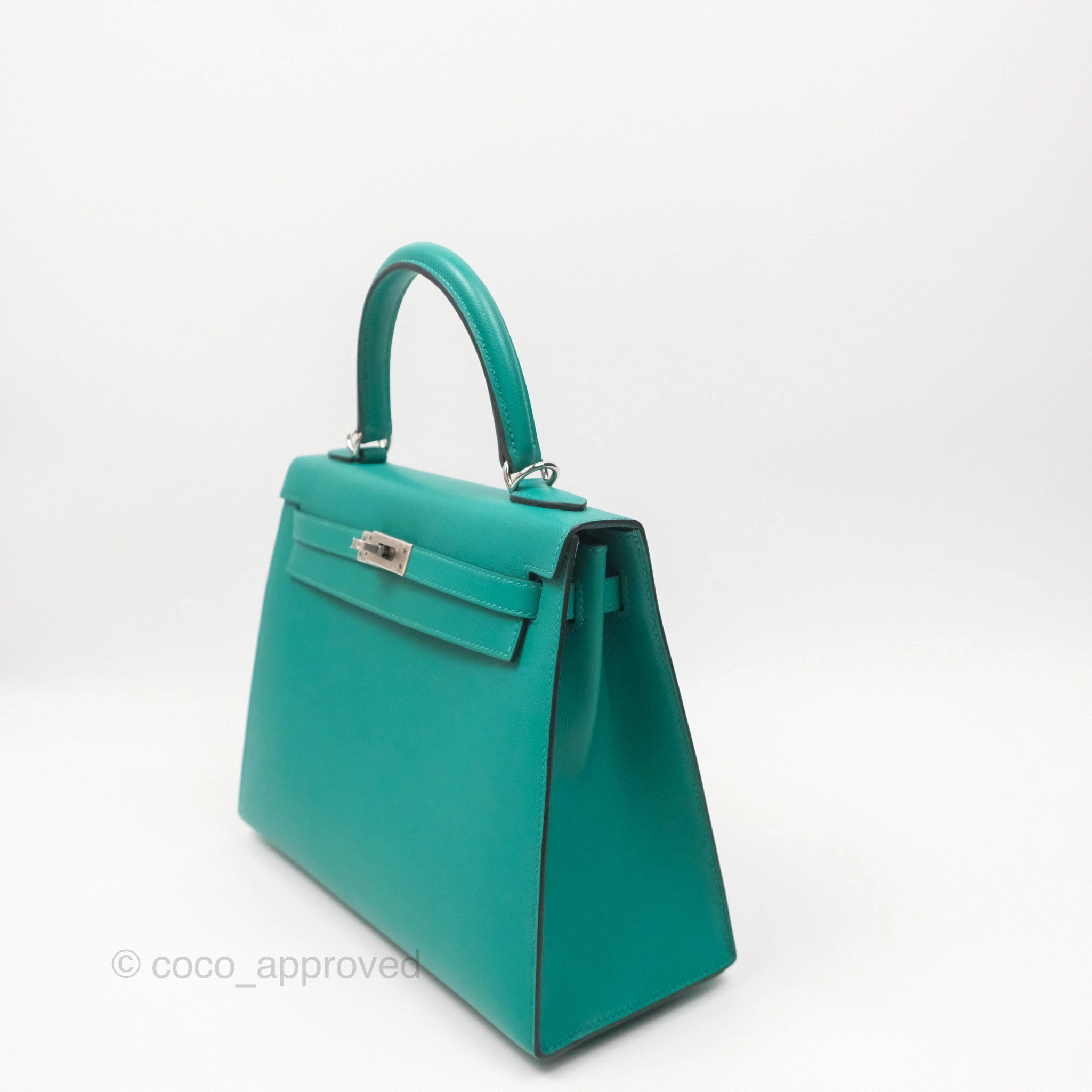 Herms Sellier Kelly 25 Madame Leather Vert Verone U1/ Bleu De Prusse 7P Palladium Hardware