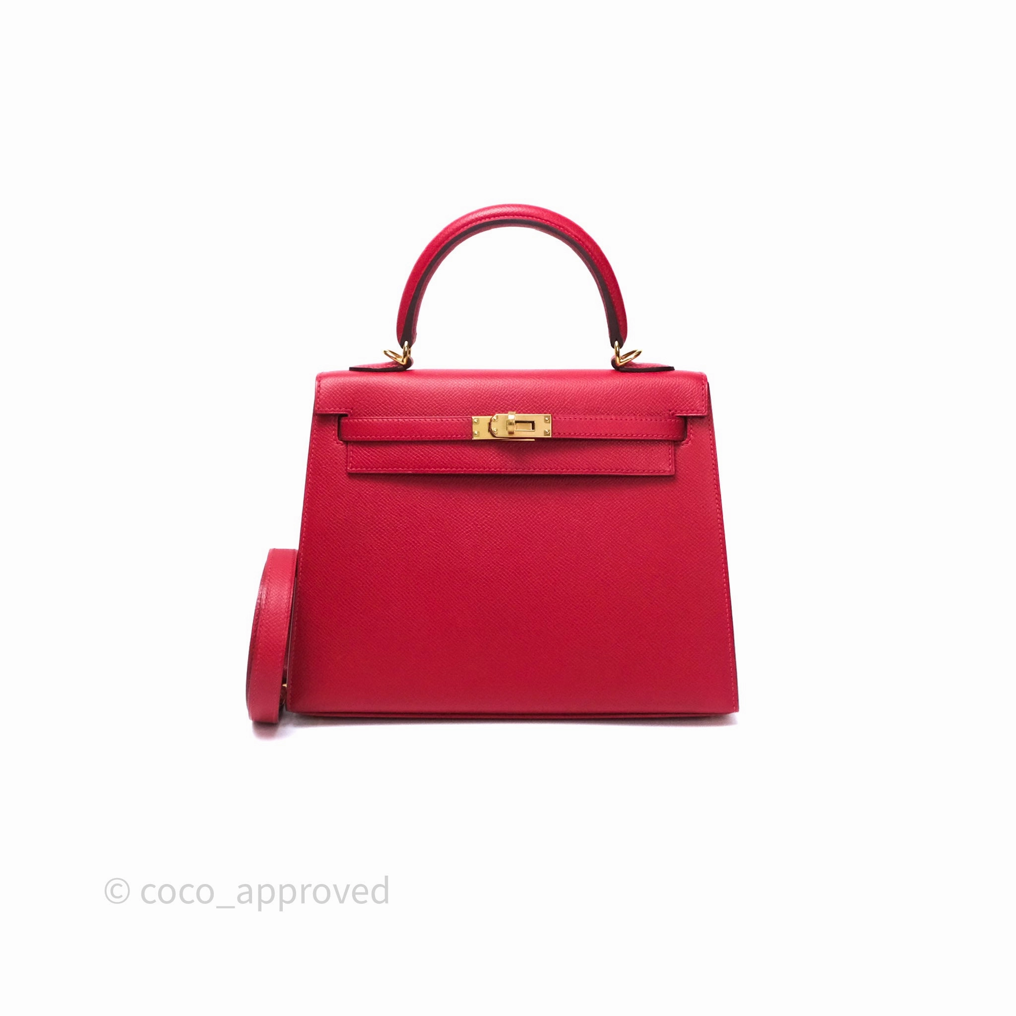 Herms Sellier Kelly 25 Rouge Casaque Q5 Epsom Gold Hardware
