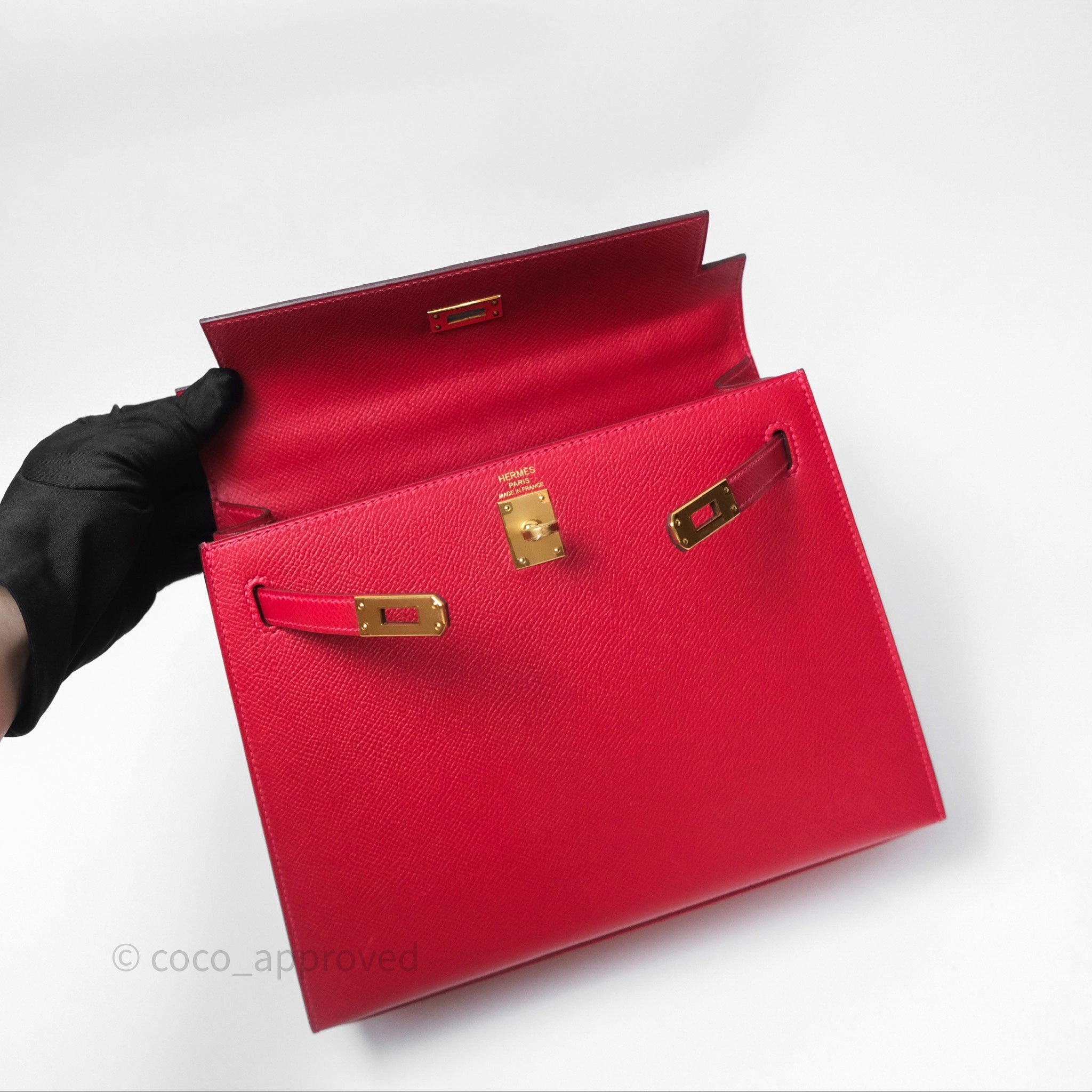 Herms Sellier Kelly 25 Rouge Casaque Q5 Epsom Gold Hardware