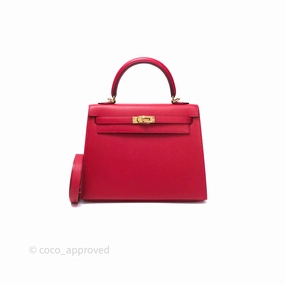 Herms Sellier Kelly 25 Rouge Casaque Q5 Epsom Gold Hardware