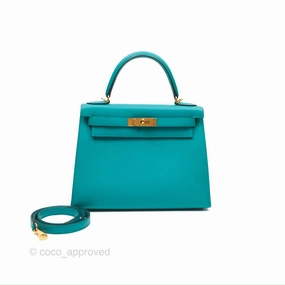 Herms Sellier Kelly 28 Bleu Paon Epsom Gold Hardware